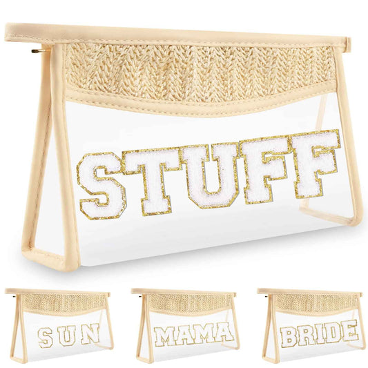 Boho Clear Makeup Letter Patch Makeup Bag STUFF Pouch, Clear Toiletry Bags Travel Small Cute Stadium Chenille Letter Cosmetic Zipper Pouch Purse, Waterproof Glitter Makeup Organizer for Women(STUFF)