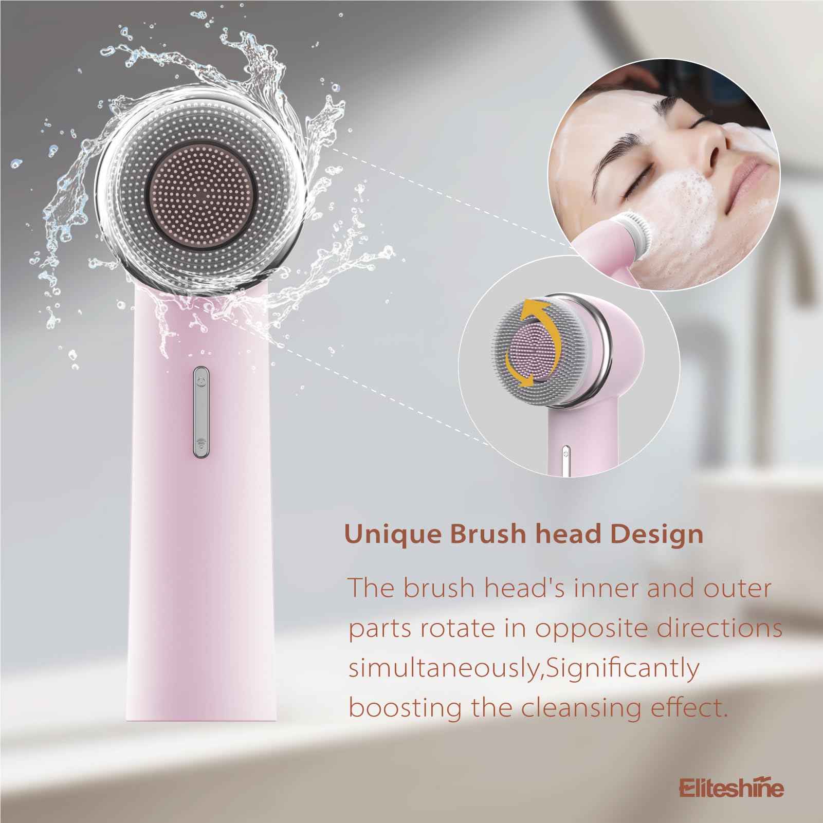 Eliteshine Electric Facial Cleansing Brush with Dual-Rotating Silicone and Bristle Brushheads,Electric Silicone Face Scrubber Exfoliator,Face Cleansing Brush, Rechargeable, for Face Skin Issues,Pink