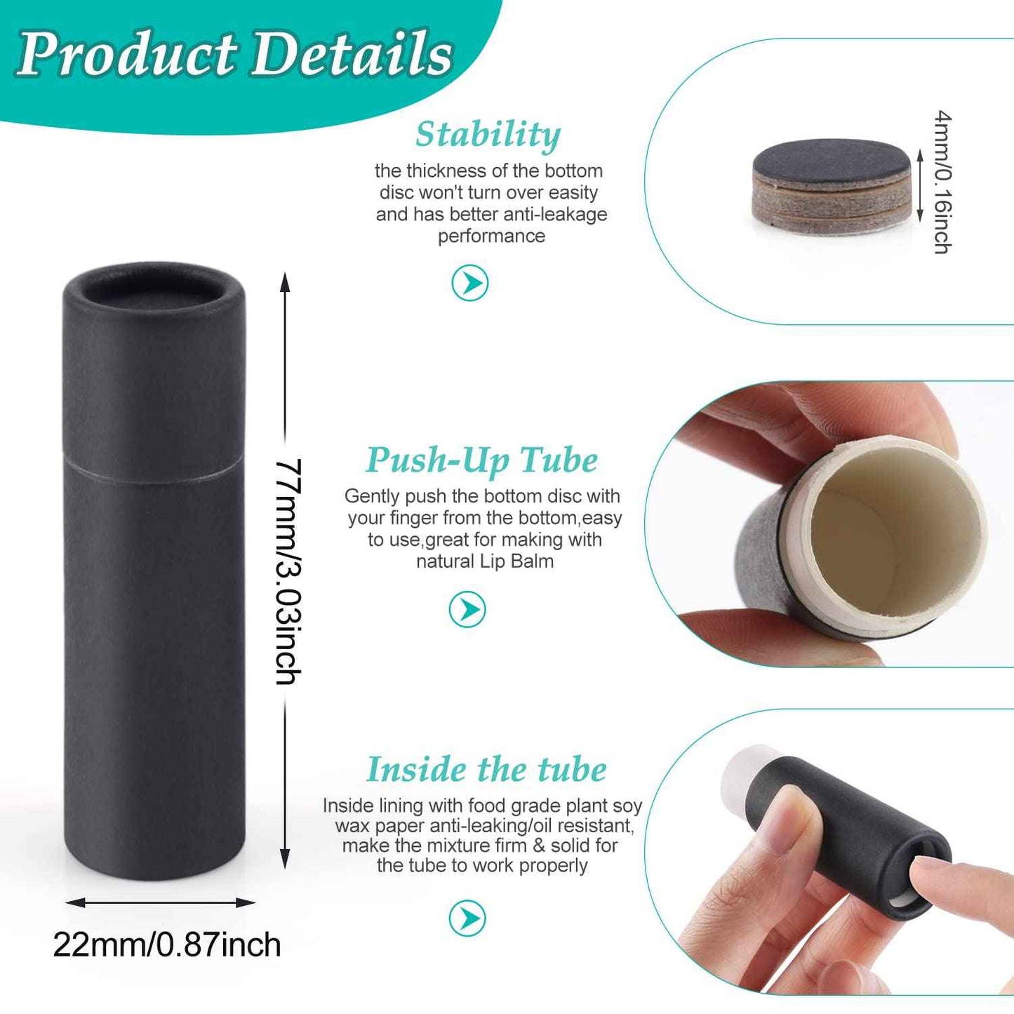 15 Pcs 0.3 oz Paperboard Lip Balm Tubes,Empty Kraft Paper Chapstick Tube Holder,Push-Up Style Biodegradable Solid Perfume Lip Gloss Container for DIY Homemade Balm Container,Natural Packaging- Black