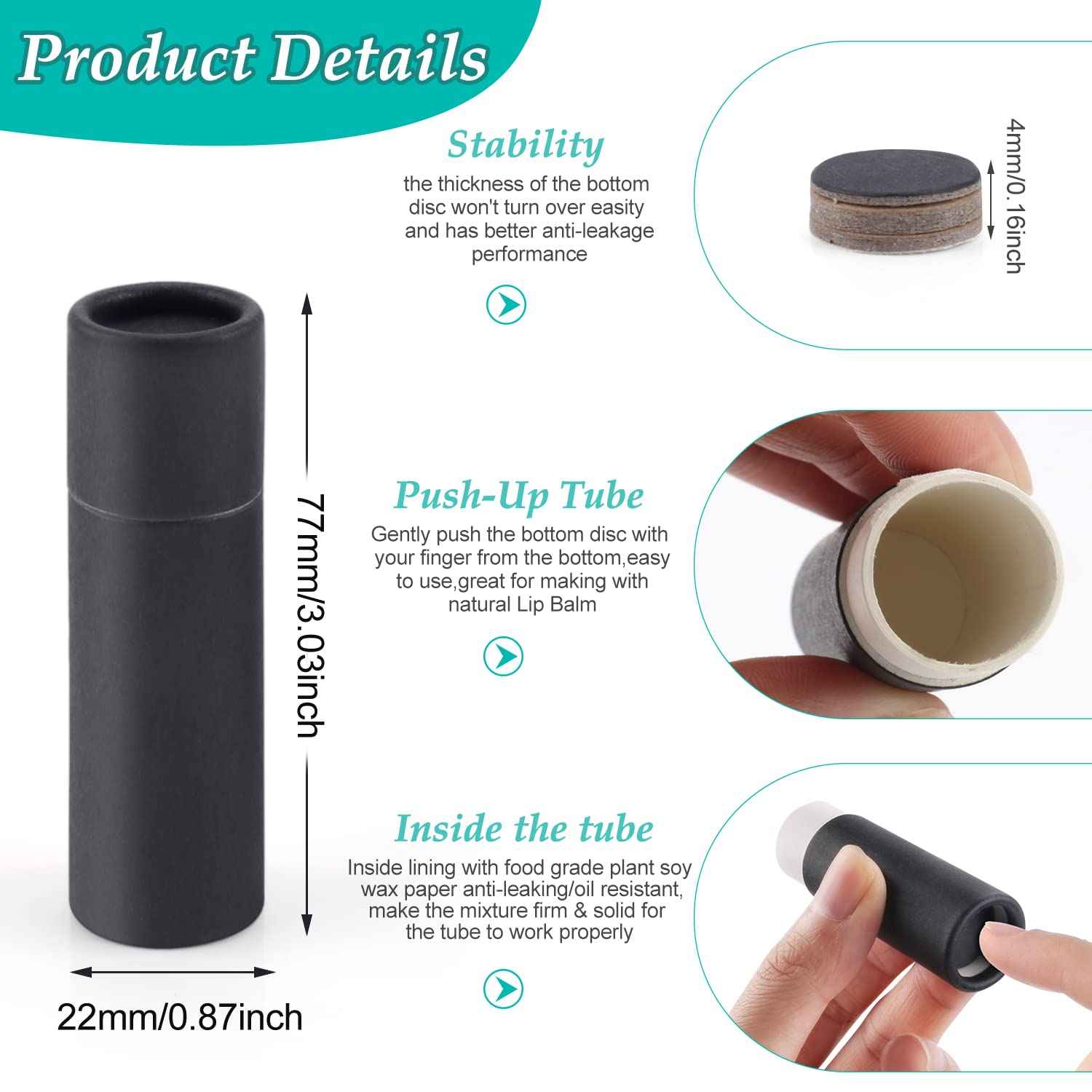 15 Pcs 0.3 oz Paperboard Lip Balm Tubes,Empty Kraft Paper Chapstick Tube Holder,Push-Up Style Biodegradable Solid Perfume Lip Gloss Container for DIY Homemade Balm Container,Natural Packaging- Black