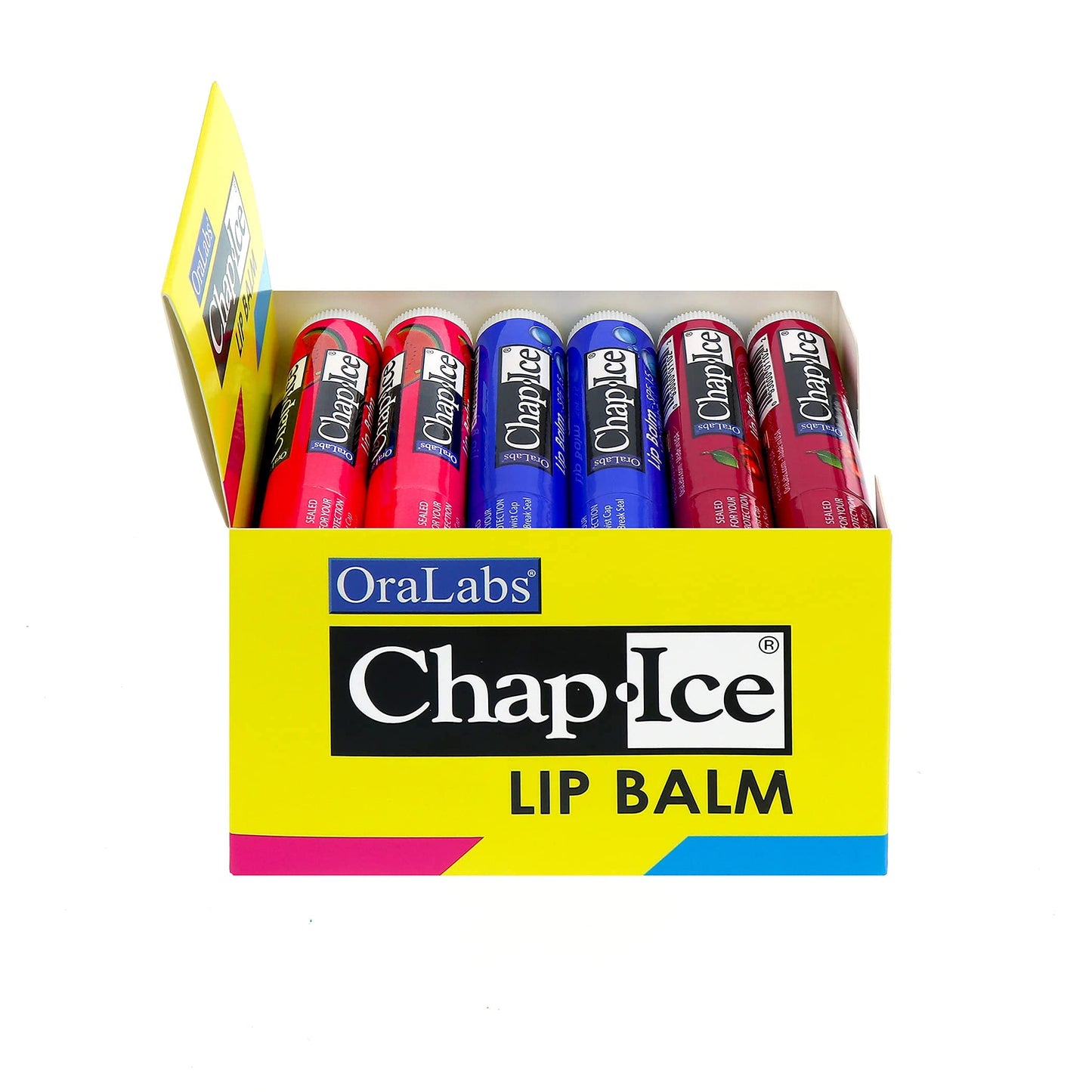 Chap-Ice® | Premium and Traditional Lip Balm for Chapped, Dry, or Windburned Lips | 3 Flavor Assorted Display - Cherry SPF-4, Moisture SPF-15, Watermelon - 24 Sticks (0.15oz/4.25g)