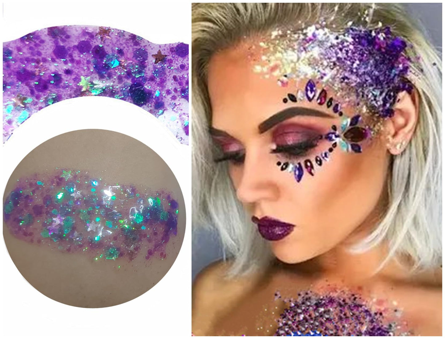 Go Ho Lavender Purple Body Glitter Gel,Purple Mermaid Face Glitter Makeup,Holographic Chunky Sequins Glitters for Eye Lip Hair Nails,Festival Glitter Rave Accessories,52g