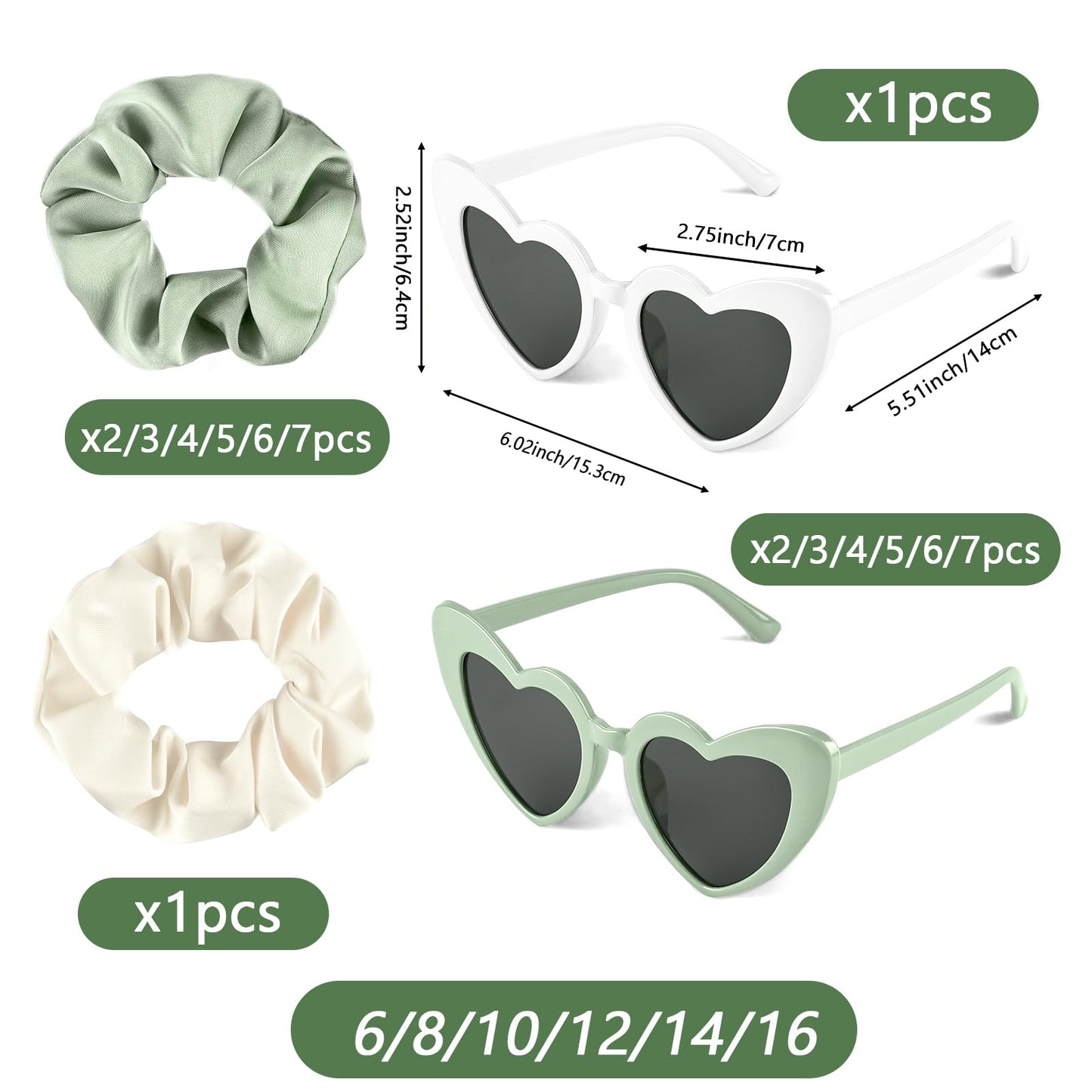 BOUBONI 4 Pcs Satin Bridesmaid Scrunchies 4 Pairs Bachelorette Sunglasses Elastic Bridal Party Hair Ties Ideas Gift Heart Shaped Sunglasses for Wedding Party Bridesmaid Proposal Gifts (Green, White)