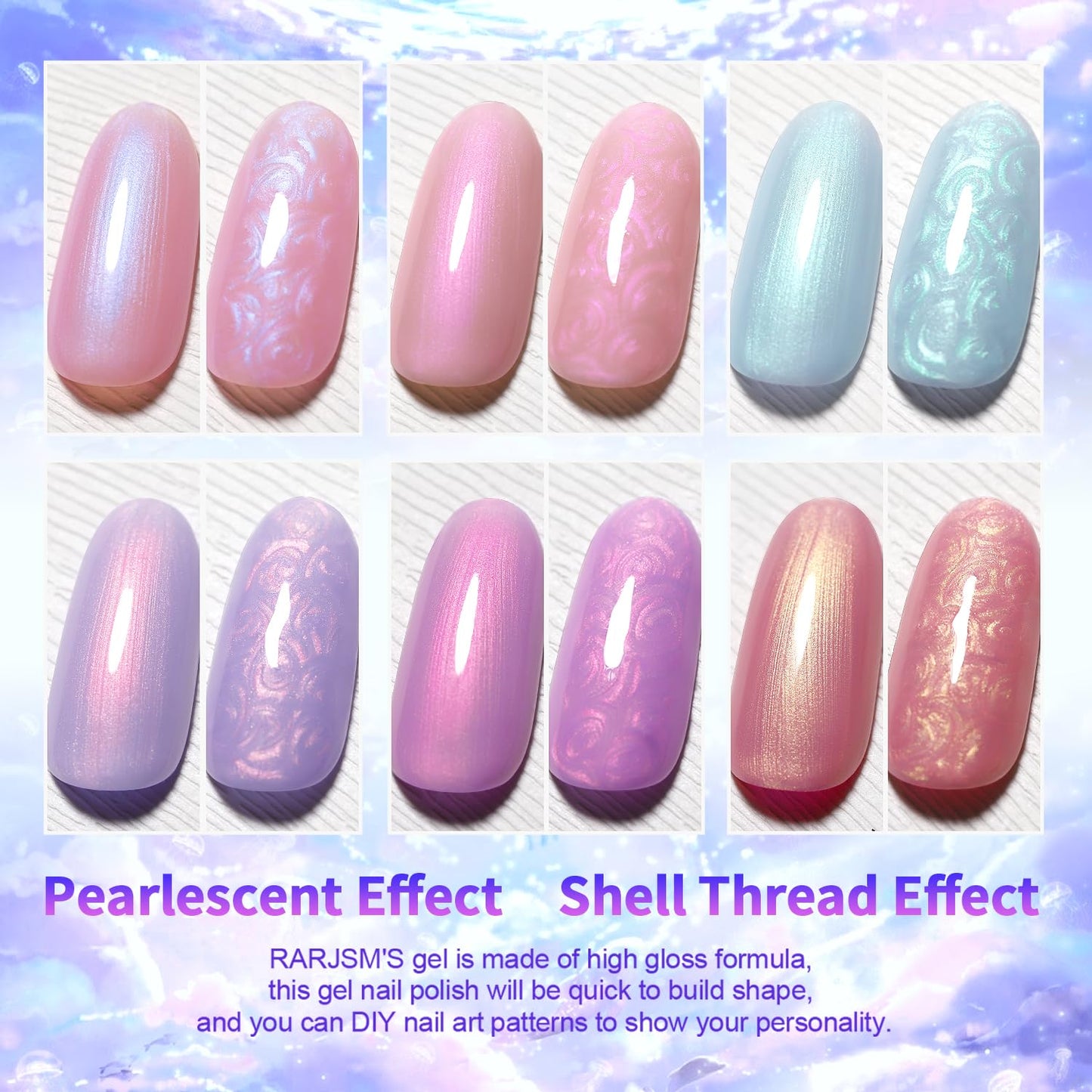 RARJSM Pearlescent Gel Nail Polish Set Mermaid Dreams Iridescent Shell Glitter Gel Polish 6 Colors Pink Blue Green Purple Gold Shimmer Swirl Thread Effect Soak Off LED UV Curing Requires Home Salon