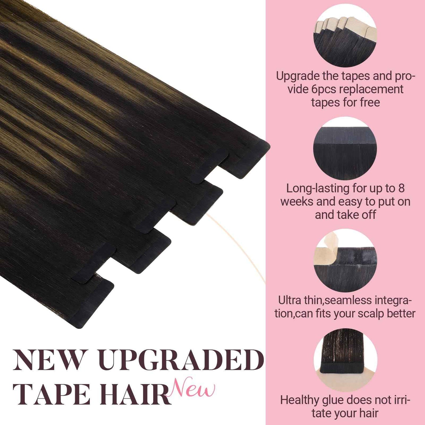 MAXITA Tape in Hair Extensions Human Hair 16 inch 50g 20pcs Balayage Dark Brown to Chestnut Brown Real Human Hair Extensions Real Remy Seamless Straight Hair Extensions for Women