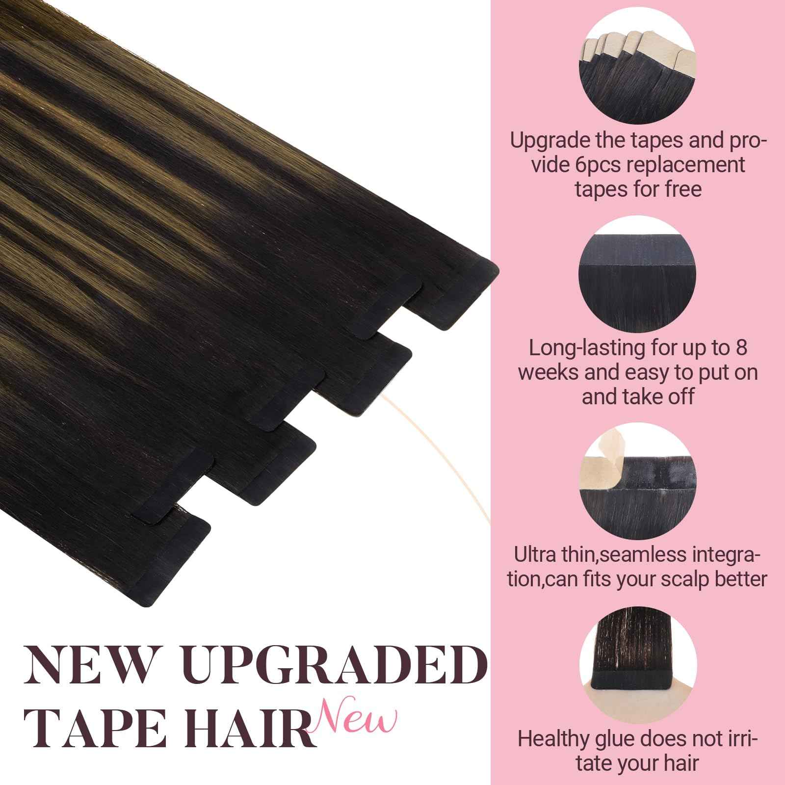 MAXITA Tape in Hair Extensions Human Hair 16 inch 50g 20pcs Balayage Dark Brown to Chestnut Brown Real Human Hair Extensions Real Remy Seamless Straight Hair Extensions for Women