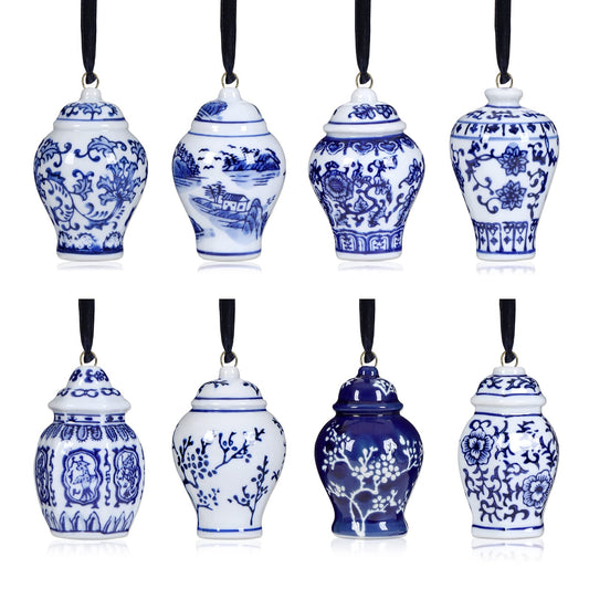 8 Pieces Chinoiserie Porcelain Christmas Ornaments Blue and White Christmas Decorations Mini Chinoiserie Porcelain Ginger Jar Christmas Tree Decor Vintage Christmas Decorations (Chinese)