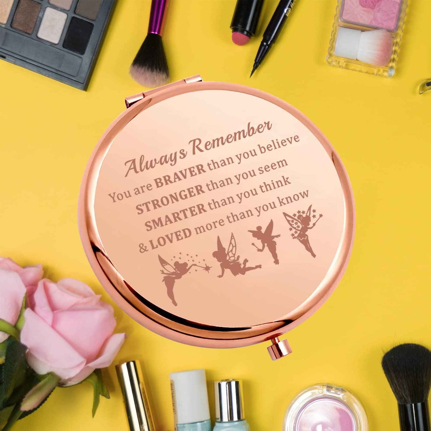 KEYCHIN Fairy Tale Pocket Mirror Fairy Pixie Cartoon Fans Gifts You are Braver Stronger Smarter Than You Think Compact Makeup Mirror for Women Girls Teenagers (Fairy Tale Mirror-RG)