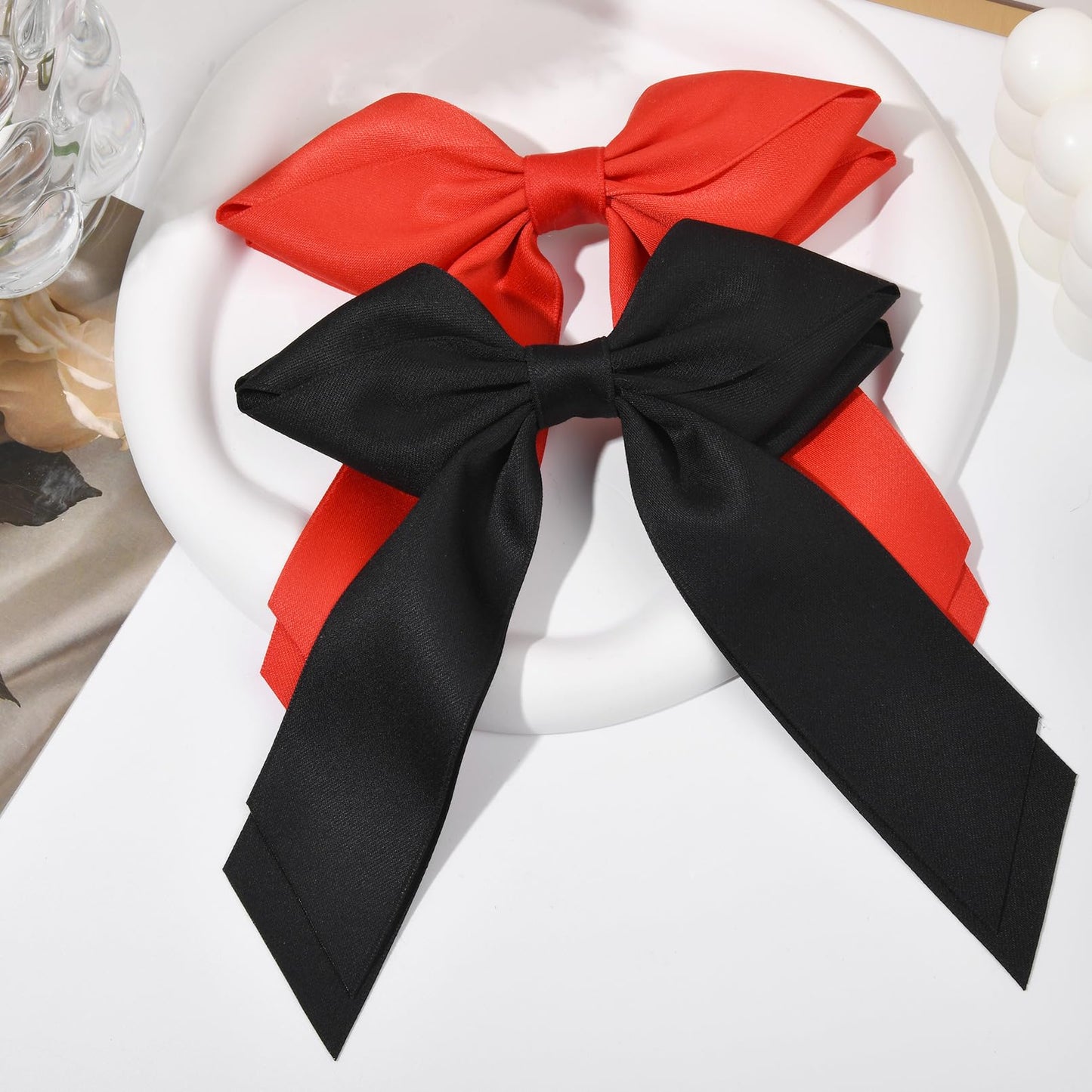 DEEKA 2 PCS Hair Bows Hair Ribbon Clips for Women 6" Black Red Double-layered Hair bows Matte Satin Bowknot Long Tail Hair Accessories for Women Girls (Red, Black)