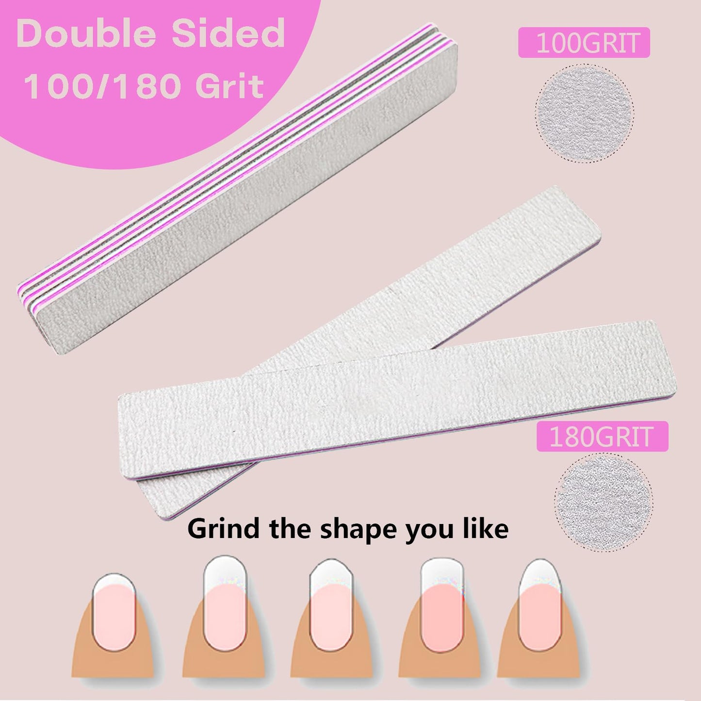 Nail File, 100/180 Grit Double Sides Washable Nail Files, Professional Reusable Manicure Tools for Poly Nail Extension Gel and Acrylic Nails