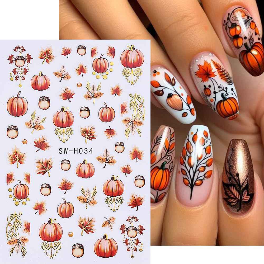Pumpkin Nail Art Stickers Fall Maple Leaf Nail Decals 6PCS Maple Leaves Pumpkin Nails Design 3D Self-Adhesive Nail Art Supplies Fall Stickers for Nails Thanksgiving Day Women DIY Manicure Decorations