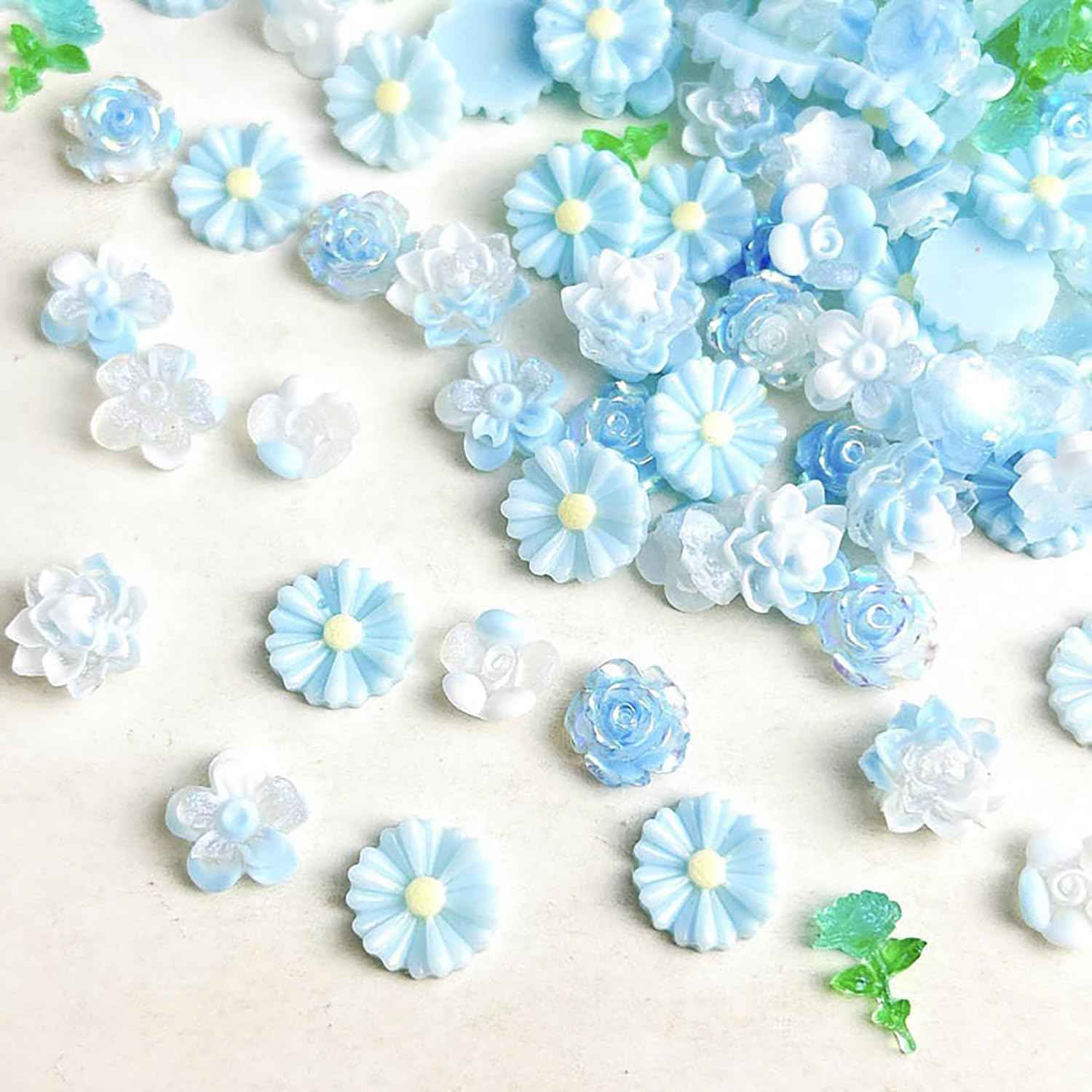 3D Flower Manicure Gems with Nail Rhinestone, Colorful Acrylic Double Color Nail Charms Rhinestones for Nails with Pickup & Dotting Tools Blue