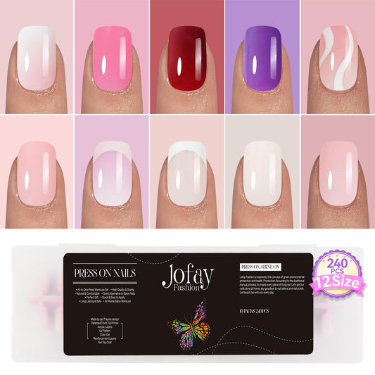 Jofay Fashion 240Pcs Nails Tips Press On Nails Short Kit - Acrylic Fake Nails with Glue, Classic Solid & French tips Designs, Artificial False Nails, Stick on nails, Salon Like Finger Nail Art