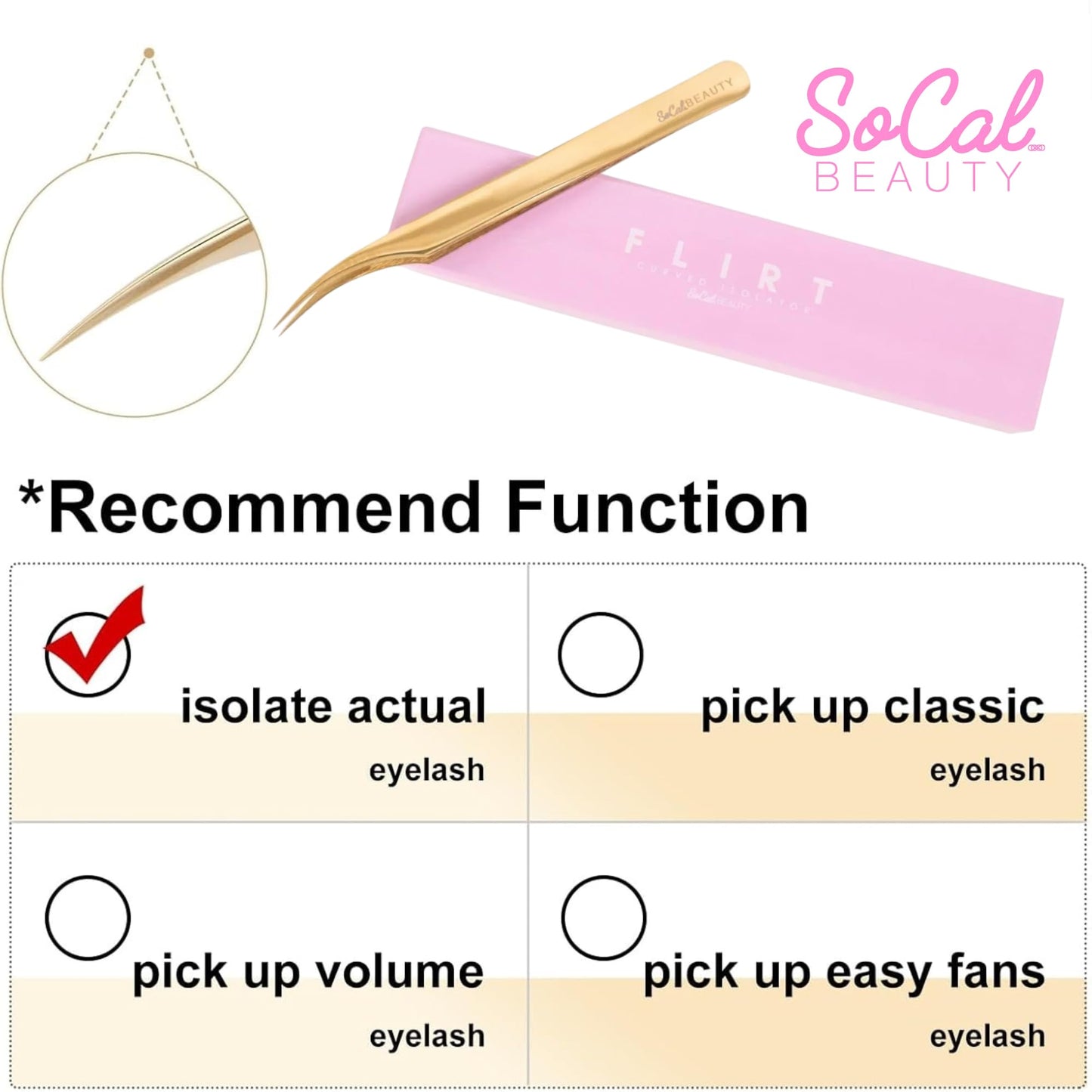 Flirt Curved Isolation Lash Tweezer by SoCal Beauty | Gold Professional Eyelash Tweezer for Eyelash Extensions, Hand-Tested with MM Guide – Lash Artist’s Favorite Precision Eyelash Applicator