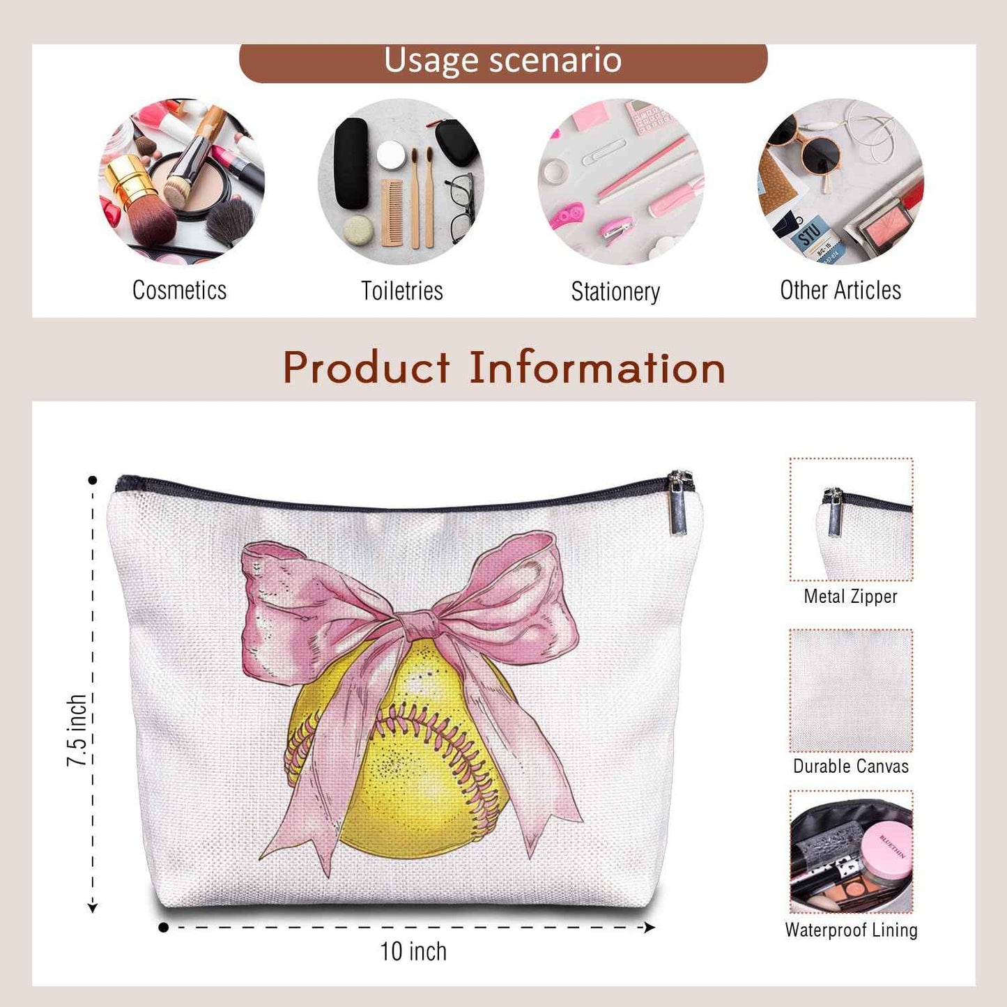 Zomhix Softball Bow Makeup Bag - Softball Gifts for Women Softball Lovers Softball Mom Team, Softball Accessories for Girls, Pink Bow Softball Stuff for Women
