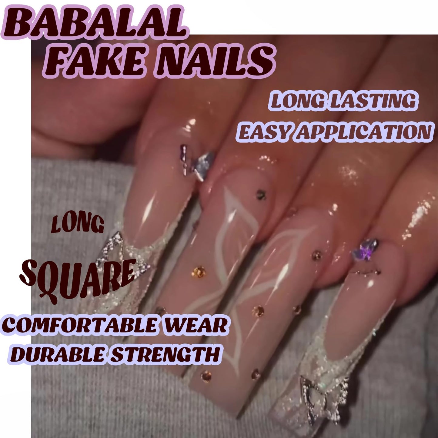 BABALAL Square Press on Nails Long Fake Nails White French Tip Glue on Nails Swirl Glitter 3d Butterfly Charm Shiny Acrylic Nails 24Pcs Squoval Stick on False Nails