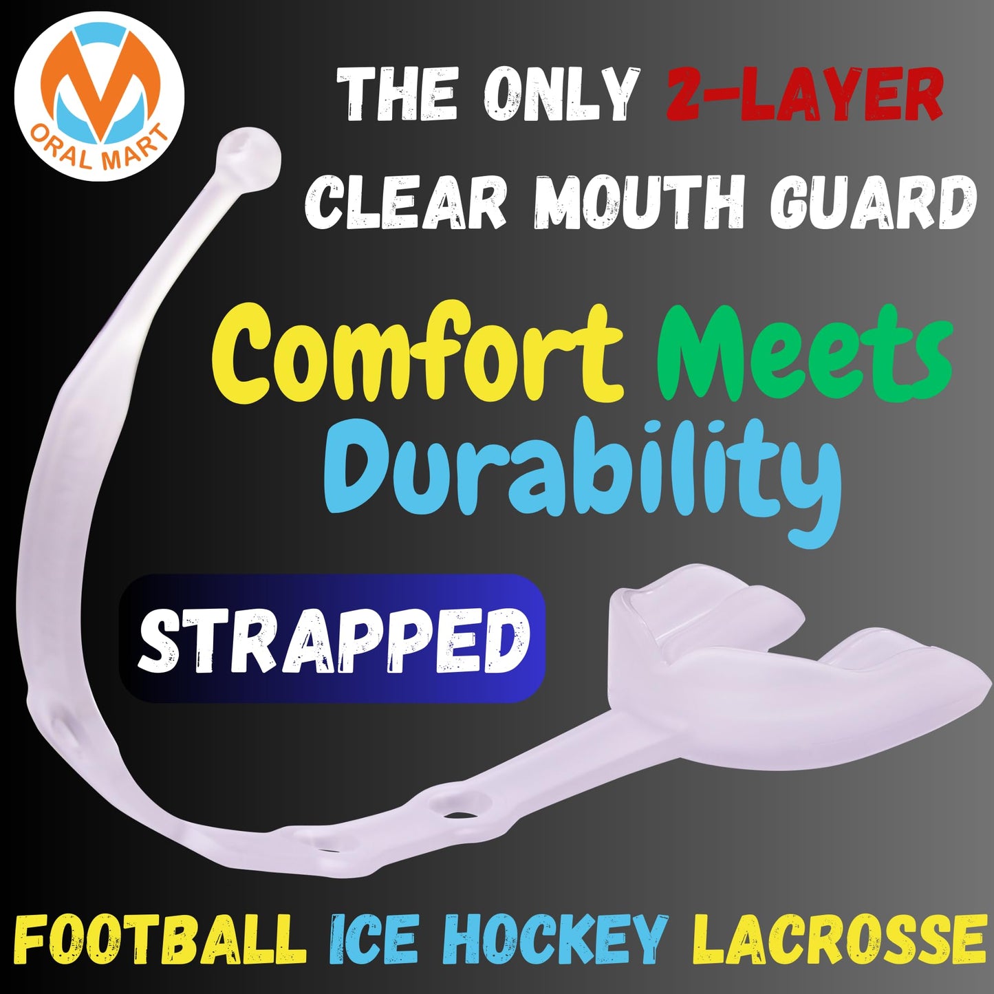 Oral Mart 2024 (Clear/Semi Clear) Strapped Youth Mouth Guard for Kids (The Only 2-Layer Clear Mouth Guard) Comfort Meets Durability - Mouthguard with Connected Strap for Football, Ice Hockey, Lacrosse