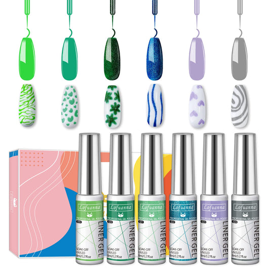 lofuanna Gel Nail Polish Nail Art Liner Gel Polish Set-8ml, 6Colors Green/Light Purple/Grey Painting Drawing Gel Kit Built Thin Nail Art Brush in Bottle Gel Pens Soak off DIY for Home Salon