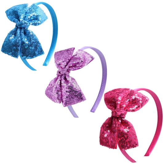 Kiszu Sparkly Sequin Hair Bow Headband for Girls, Kids, and Toddlers - Fashion Cute Boutique Style Hair Accessory - 3 Piece (Blue,Light Purple,Hot Pink)