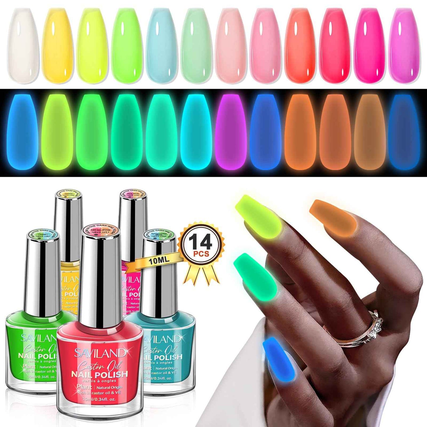 SAVILAND Glows in the Dark Nail Polish: 14 Pcs Quick Dry Nail Polish Set Neon Luminous with Base Top Nail Coat Polish Regular Hot Pink Red Blue Salon Home DIY Nail Art