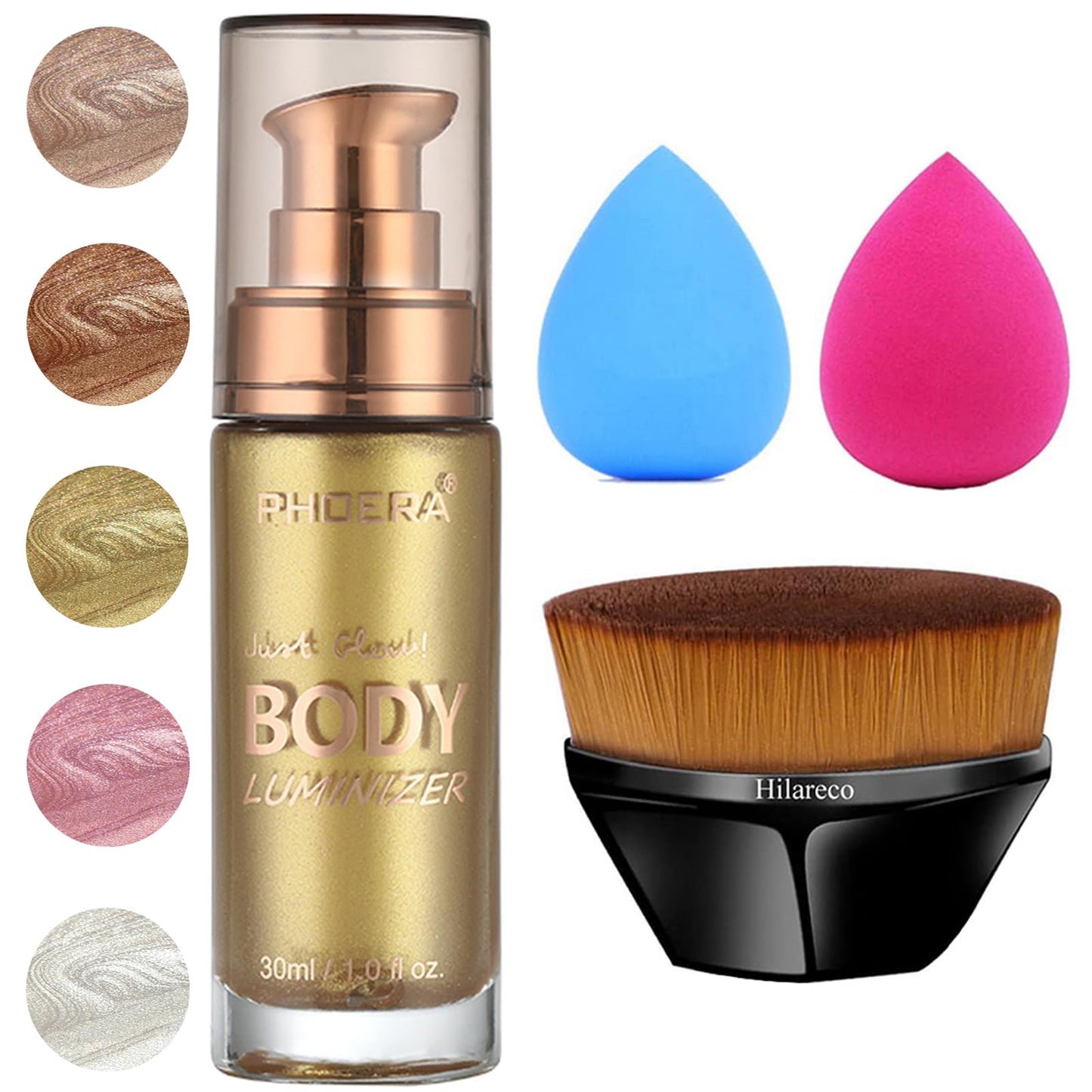 PHOERA Body Shimmer Oil, Body Bronzer Shimmer Oil,Body Glow Oil Shimmer Highlighter Luminizer Body Illuminator with Makup Bursh,Self Tanning Lotion,1oz/Jars (102 Metallic Gold)