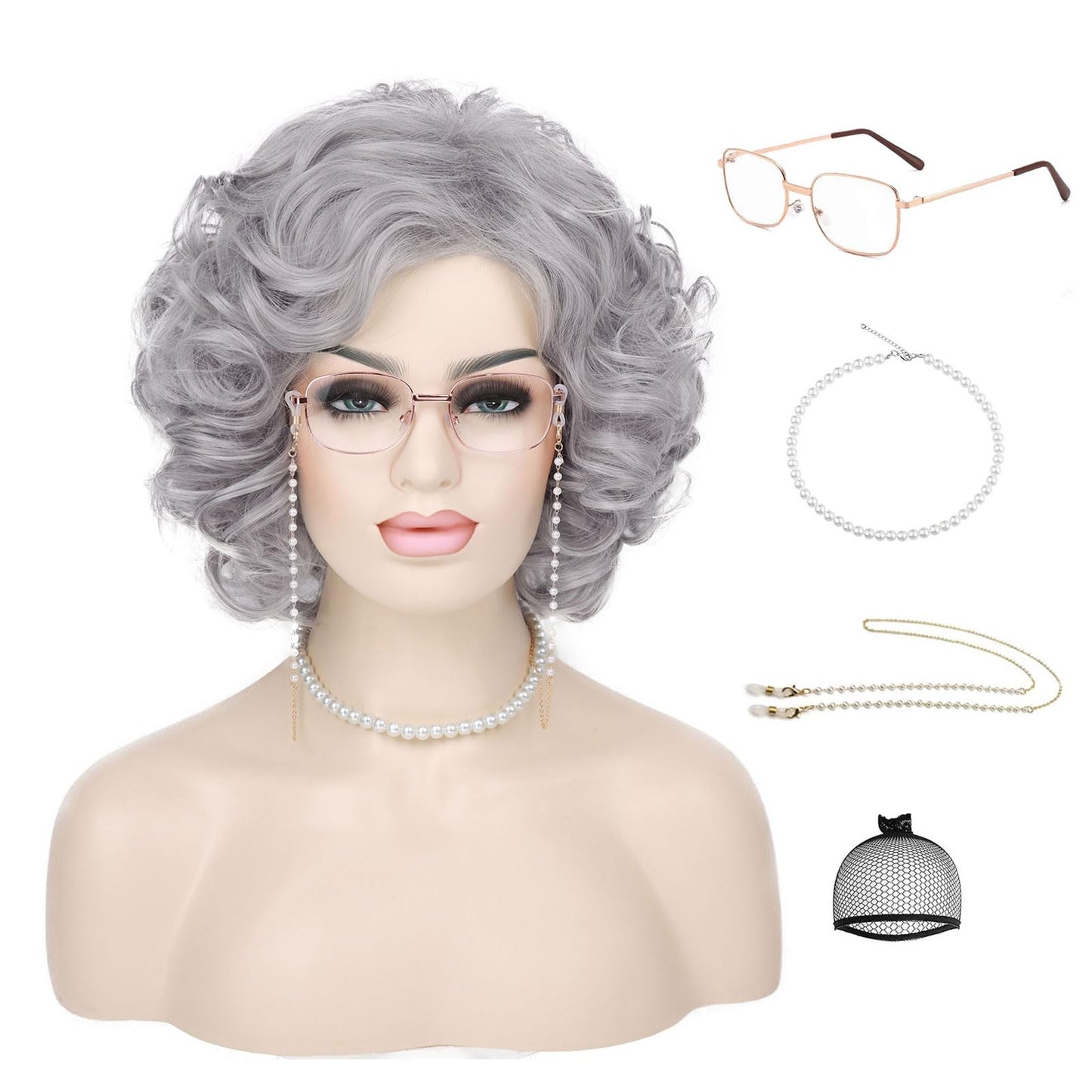 G&T Wig Old Lady Wig for Grandma Costume 100 Days of School Sliver Grey Curly Granny Wig For Old Women’s Cosplay Party Halloween Use (5pcs Set)