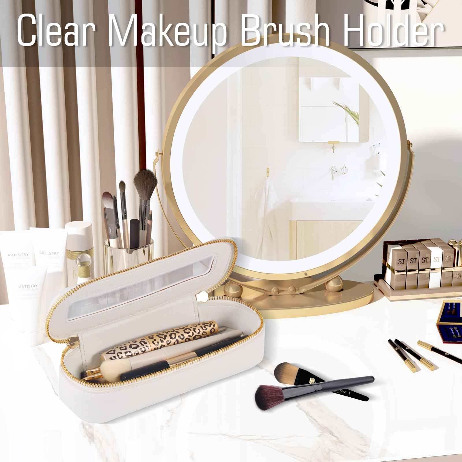 VOFIpremiAm Small Travel Makeup Bag brush holder,Clear Makeup Bag Cosmetic Bags with Zipper,Waterproof Clear Toiletry Bag Makeup Brush Bag Travel Case for Women