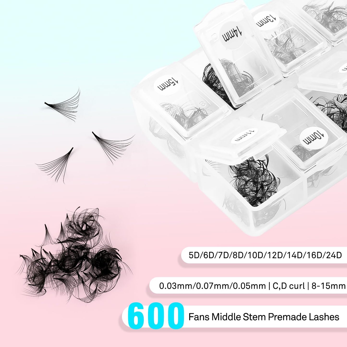 VAVALASH 600 Fans Premade Fans Eyelash Extensions 5D 6D 7D 8D 10D 12D 14D 16D 24D Premade Lash Fans 8-15mm Mixed Length Promade Loose Fans Thin Base Premade Volume Lash Extension(12D-0.03-C-8-15mm)