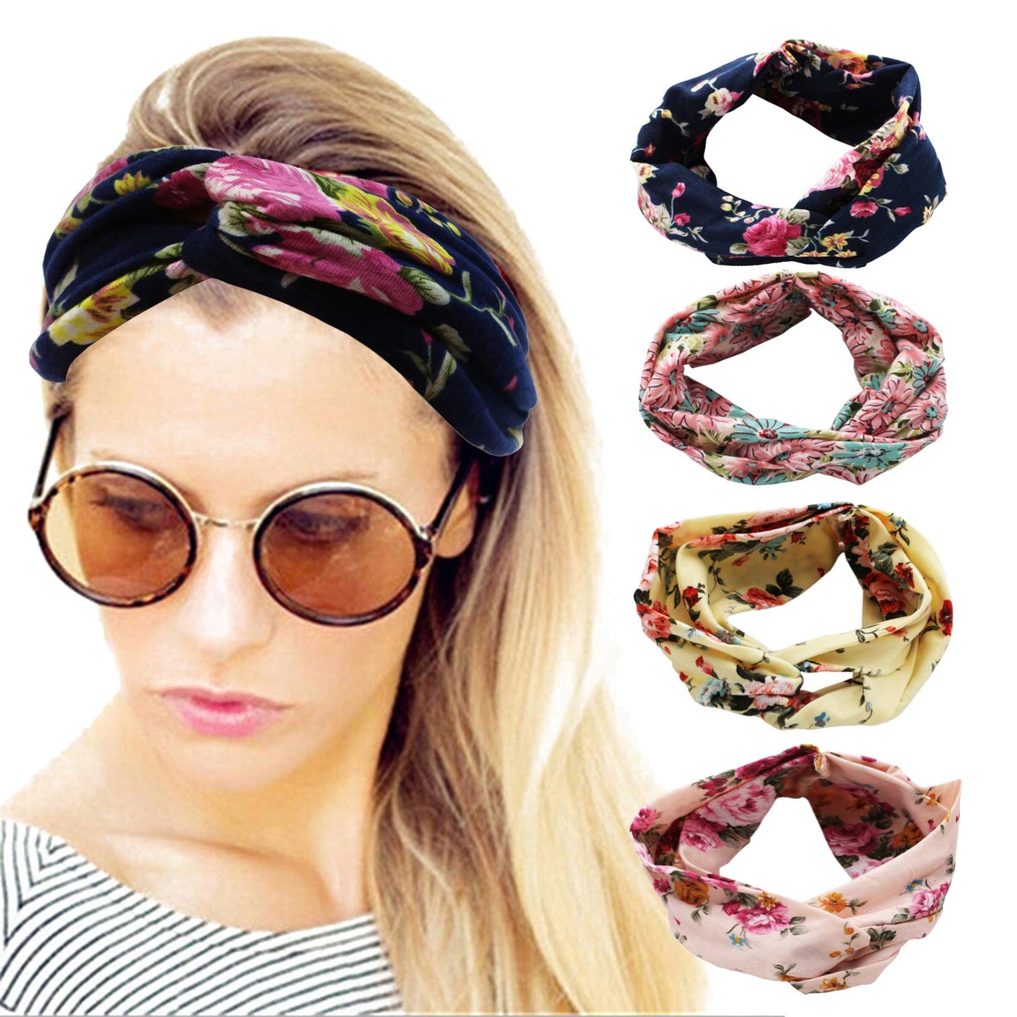 ELACUCOS Headbands for Women Criss Cross Boho Floal Style Head Bands for Women's Hair 4 Pack