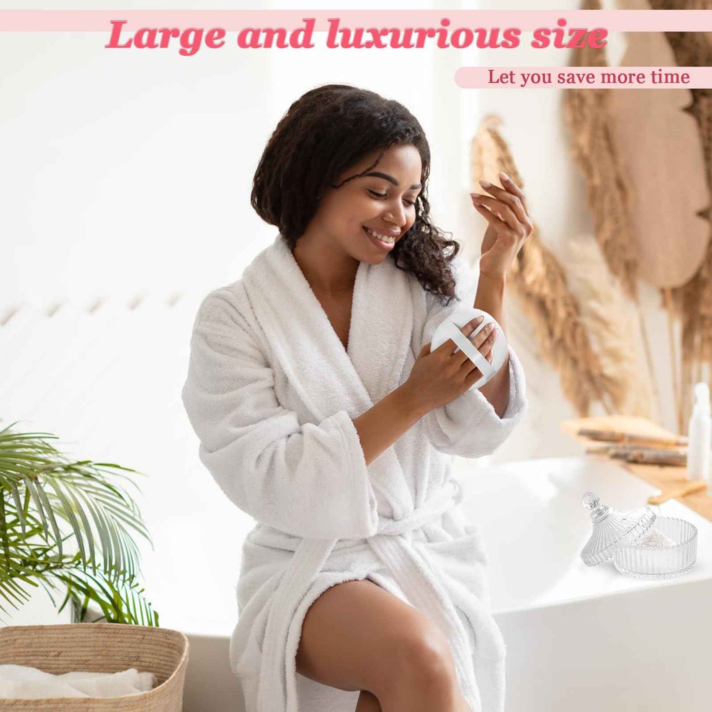 YINGMAN 2Pcs Extra Large Body Powder Puff & Luxury 6" Glass Jar Dusting Powder Container with Puff for Women Bath Powder Puffs Perfect for Talcum or Loose Powder (White)