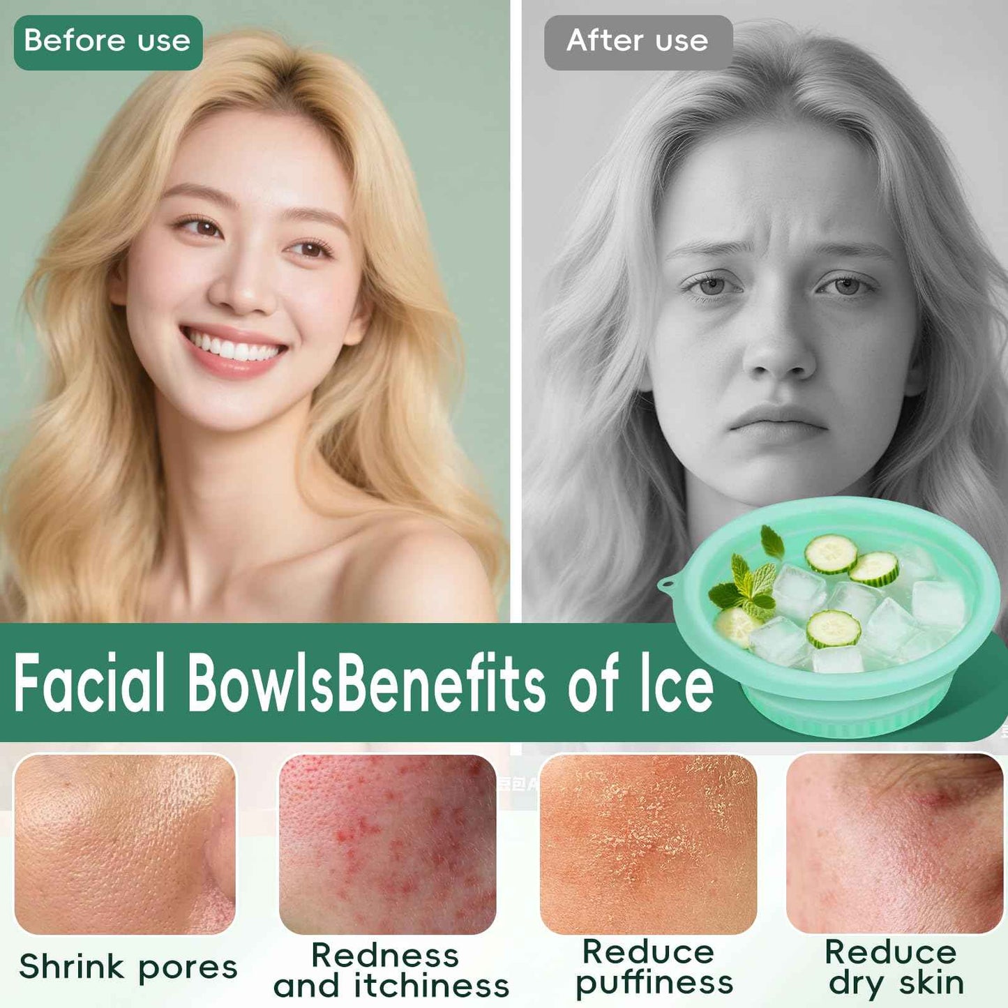 Silicone Face Bowl for Ice: Facial Ice Bath Built-In Icetray,Portable Collapsible Ice Facial Basin for Sunburn Recovery,Reduces Puffiness,Sensitive Skin,Skin Calming Tool,Gifts for Skincare Lovers