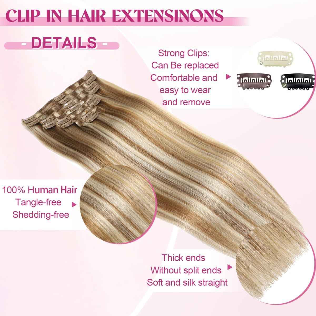 Tebelove Clip in Hair Extensions Real Human Hair 3.6oz/100g Clip ins 100% Human Hair Extension for Women 8pcs Per Set with 18 Clips Double Weft (16 Inch #16/22 Light Blonde to Golden Blonde)