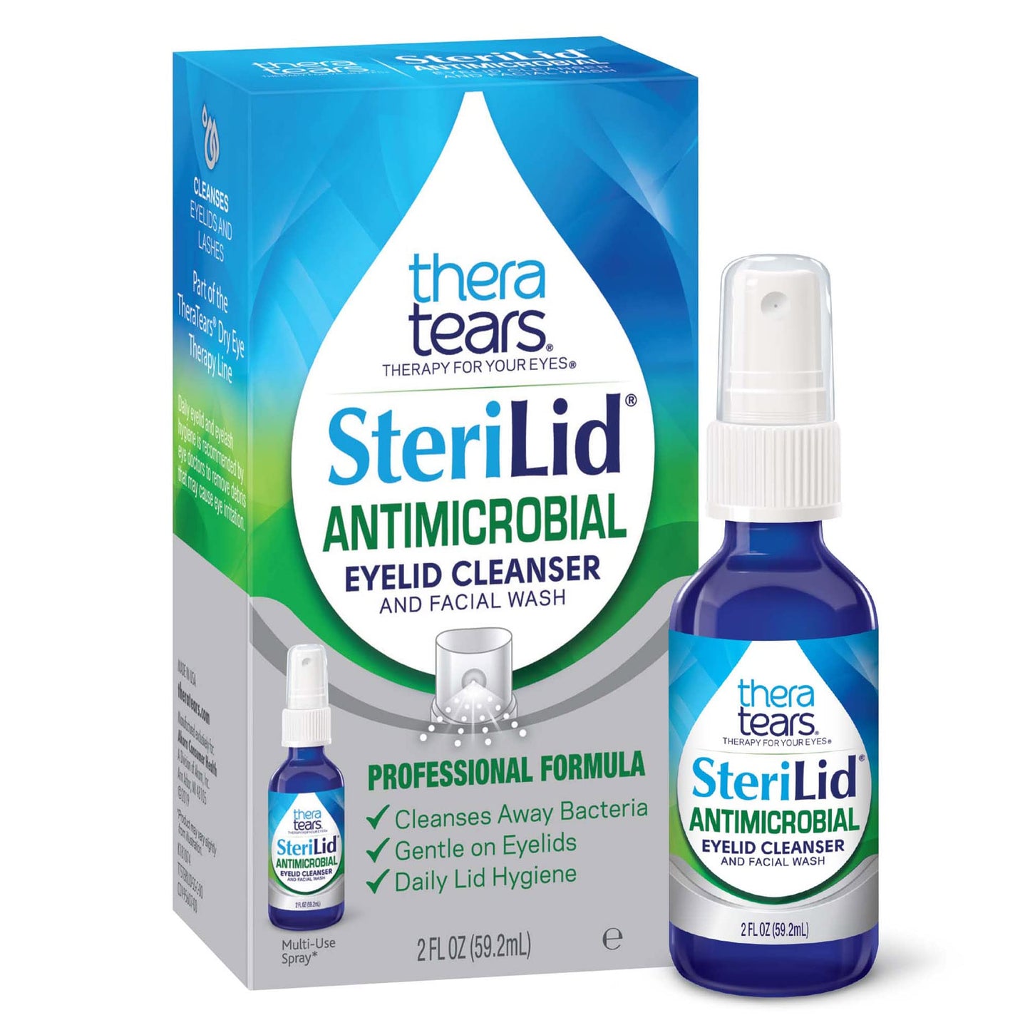 TheraTears SteriLid Eyelid Cleanser and Face Wash, for irritated eyes, 2 fl oz Spray & Stye Sterile Lubricant Eye Drops, Stye Relief Eye Drops, 0.5oz