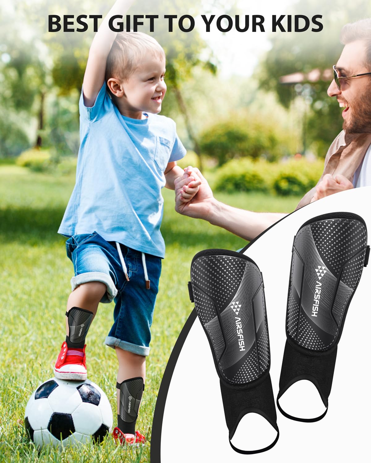 Upgraded Soccer Shin Guards for Kids Youth, CE Certified AirsFish Shin Ankle Guard Sleeves Protection Gear for Boys Girls Soccer Games EVA Cushion Reduce Shocks and Injuries (XX-Small, Carbon Black)