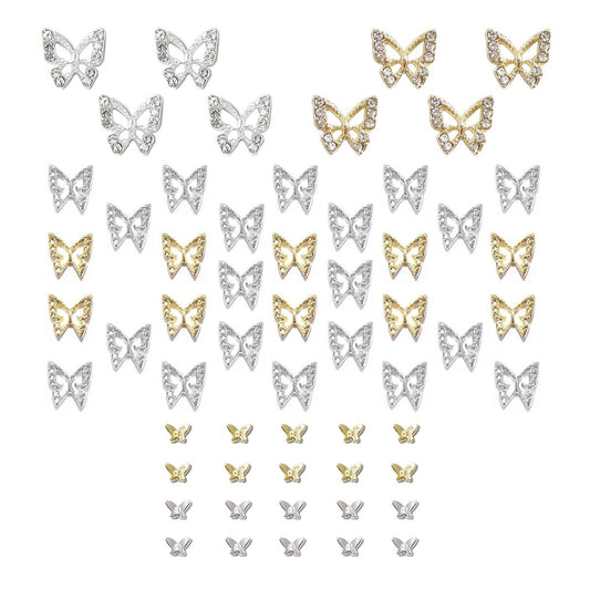 Butterfly Nail Charms, 58pcs 3D Golden Silver Butterfly Charms for Acrylic Nails, 8 Butterflies Nail Rhinestones Gems Charms +50 Alloy Studs, Nail Art Crystals Diamonds Decor Supplies for Nails DIY