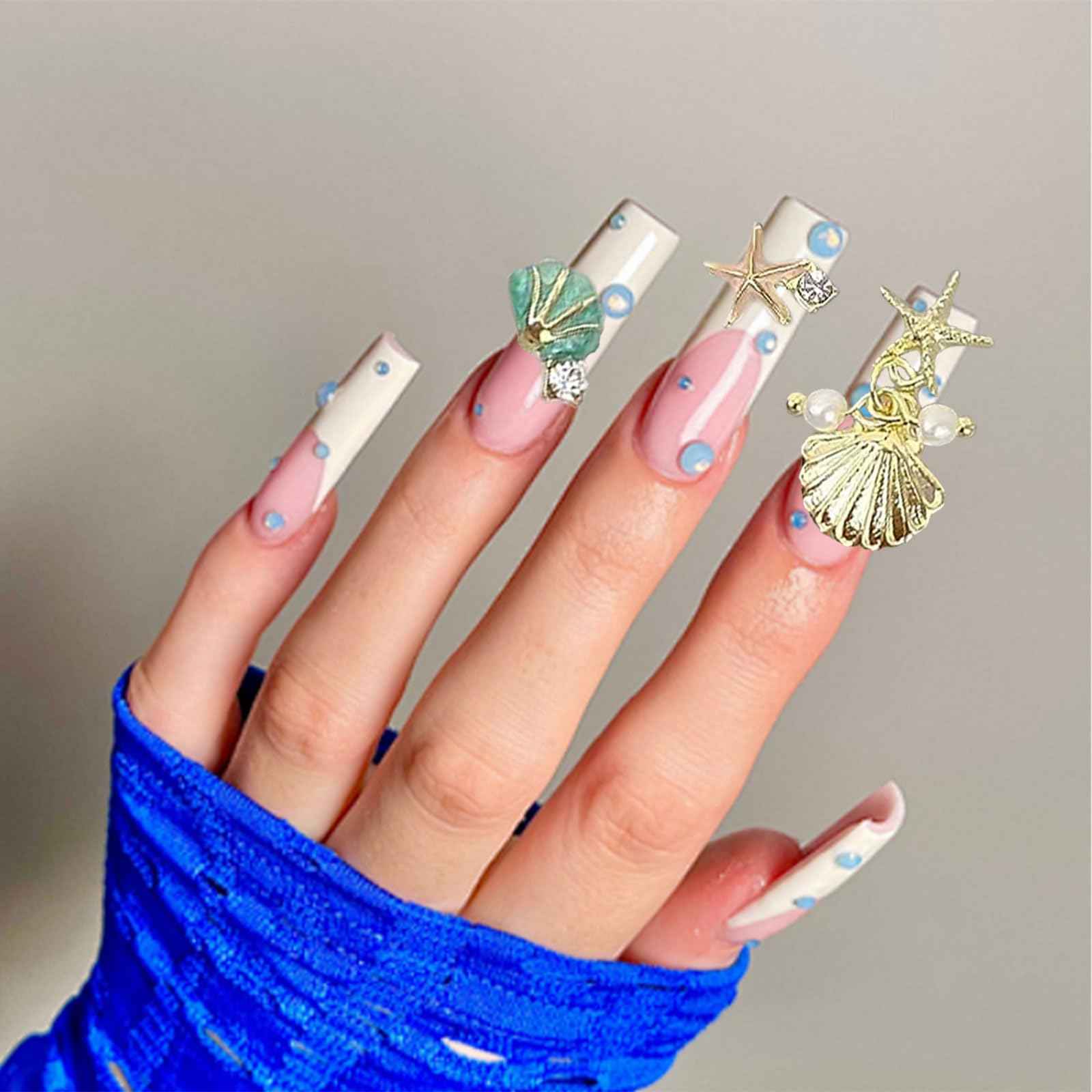 32PCS 3D Summer Beach Art Rhinestones Shell Starfish Fishtail Nail Studs Sea Series Ocean Theme Alloy Nail Charms Supplies for Nail Art Designs DIY Manicure Decoration