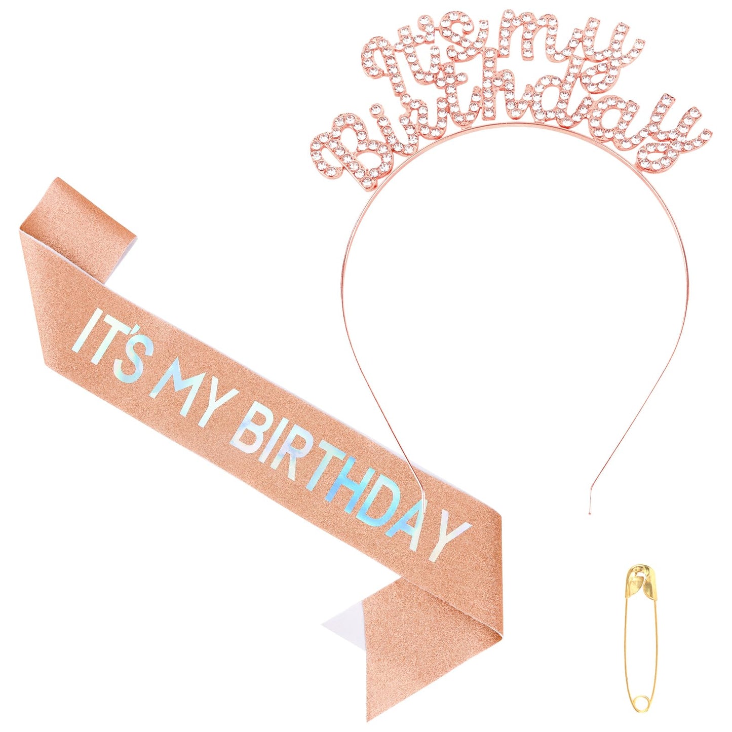 BAHABY It's My Birthday Sash & Birthday Headband Set Rhinestone Tiara Birthday Gifts for Women Girls Sweet Happy Birthday Accessories for Party- Rose Gold