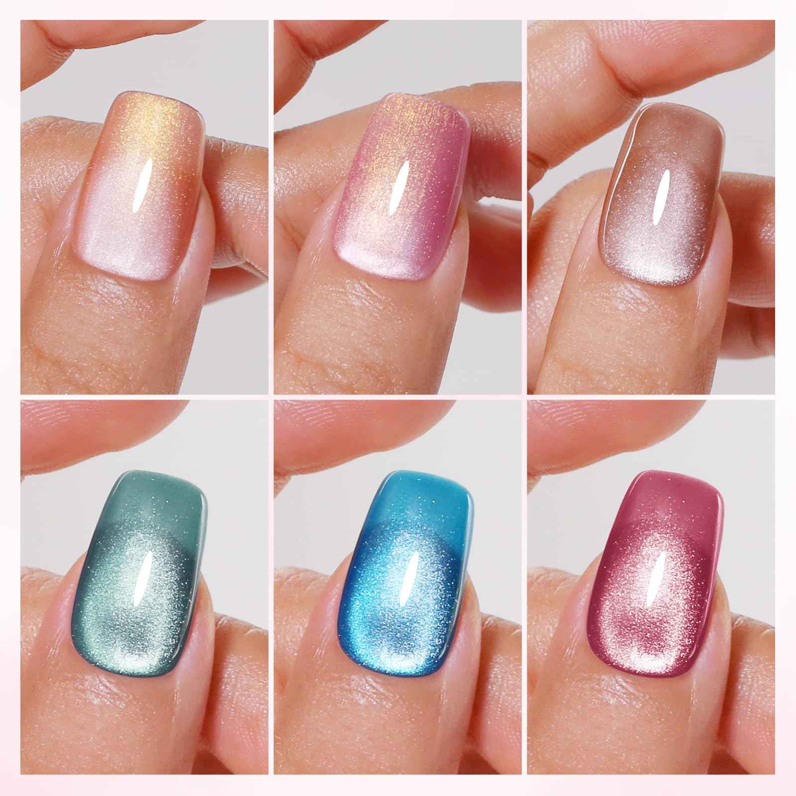 Firedeep 10ml Hema-Free Cat Eye Gel Nail Polish Set with Magnet 6 Colors Pink Green and Blue Magnetic Nail Polish DIY at Home Salon Art Gift for Women