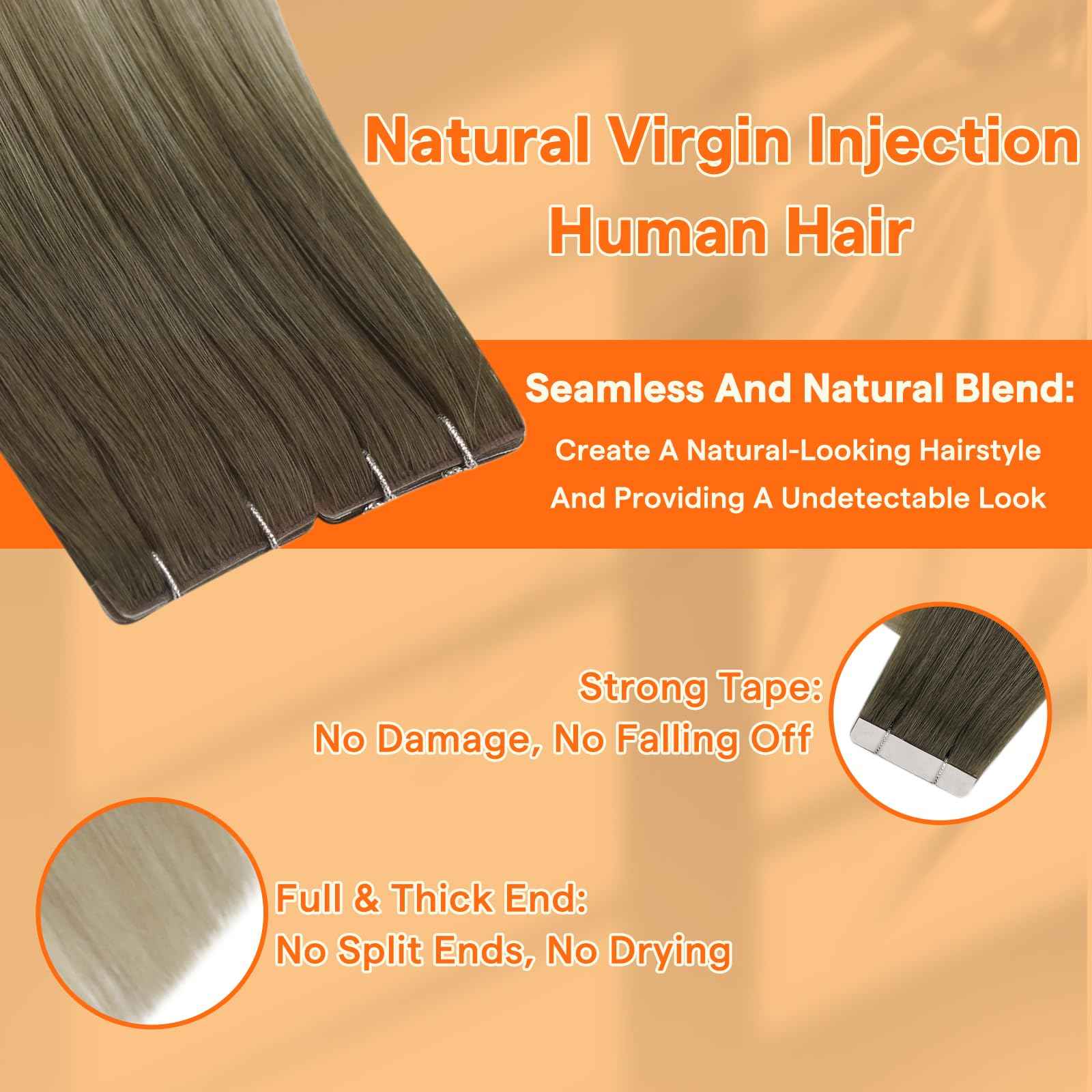 Full Shine Injected Tape in Hair Extensions 14Inch Seamless Injection Tape In Human Hair Extensions Color Blonde and Brown Balayage 20Gram 10Pcs Intact Invisible Machine Remy Human Hair for Women