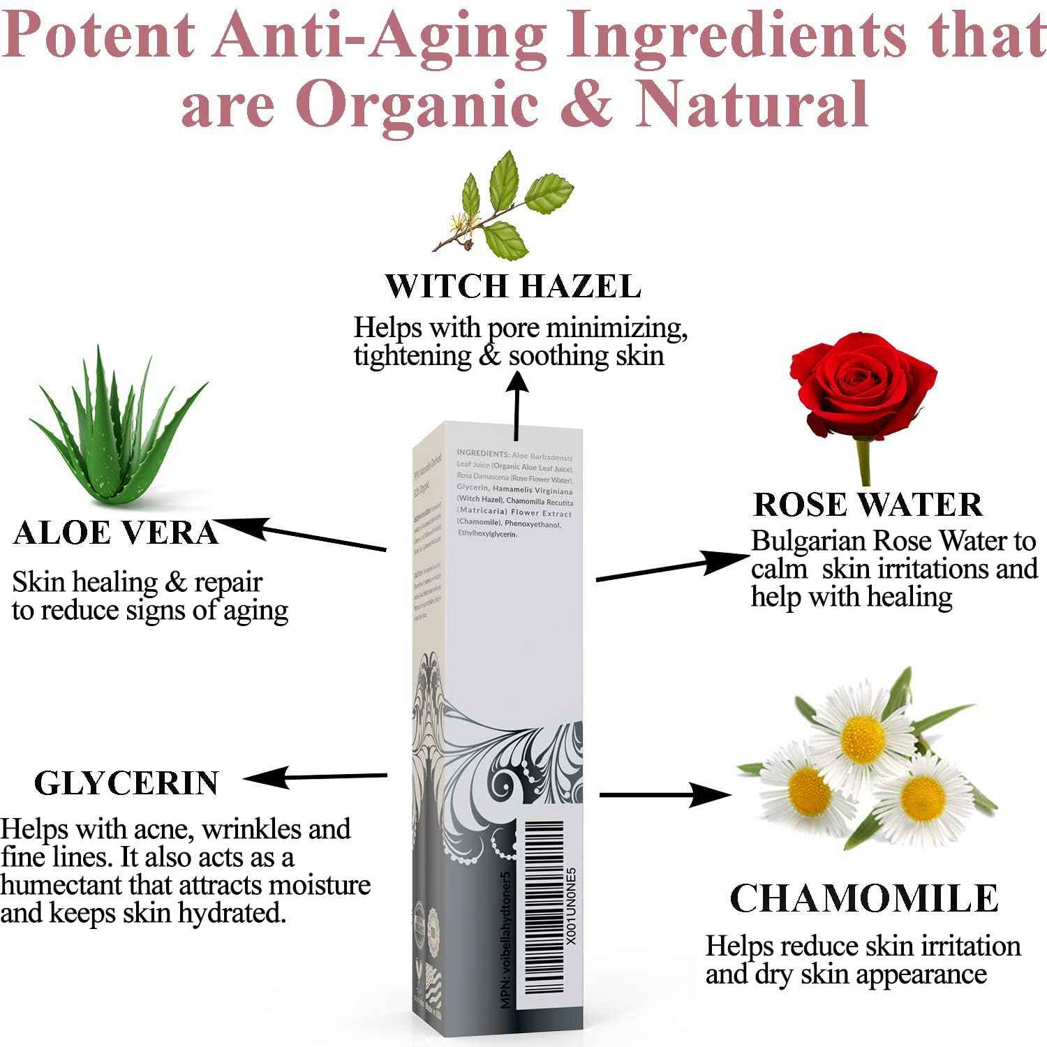 Organic Hydrating Toner for Face Anti-Aging - Rose Water, Witch Hazel & Aloe Vera Toning Facial Mist for Women. Natural Skin Moisturizing Rosewater Spray. Oil Free, Pure, Fresh & Pore Tight