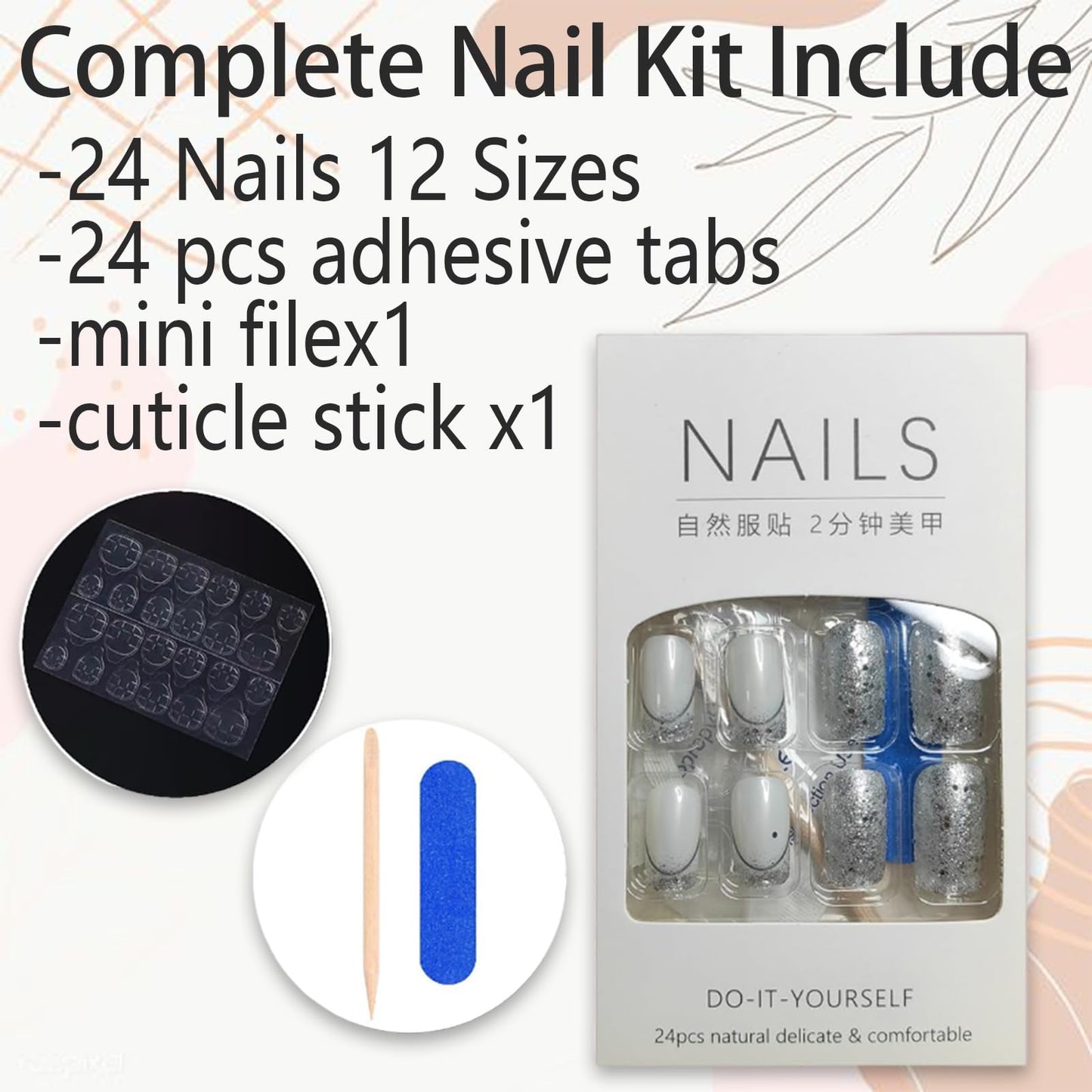 24 PCS French Tip Press on Nails Medium Square Fake Nails Silver Glitter Full Cover Glue on Nails Bling Sequins False Nails Reusable Artificial Nails for Women DIY Manicure Decoration Stick on Nails