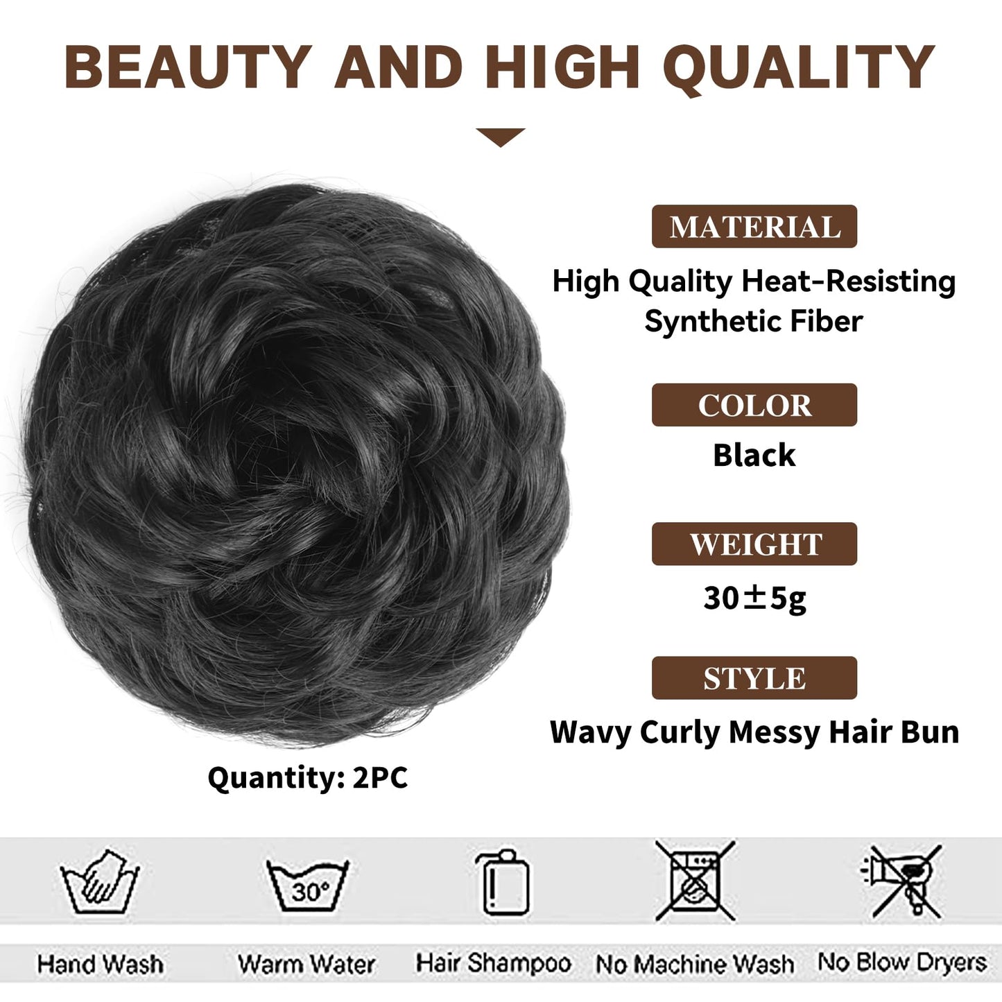 HAIRCUBE 2PCS Messy Bun Hair Piece Messy Hair Bun Scrunchies for Women Wavy Curly Chignon Ponytail Hair Extensions Synthetic Thick Tousled Updo Bun (Black)