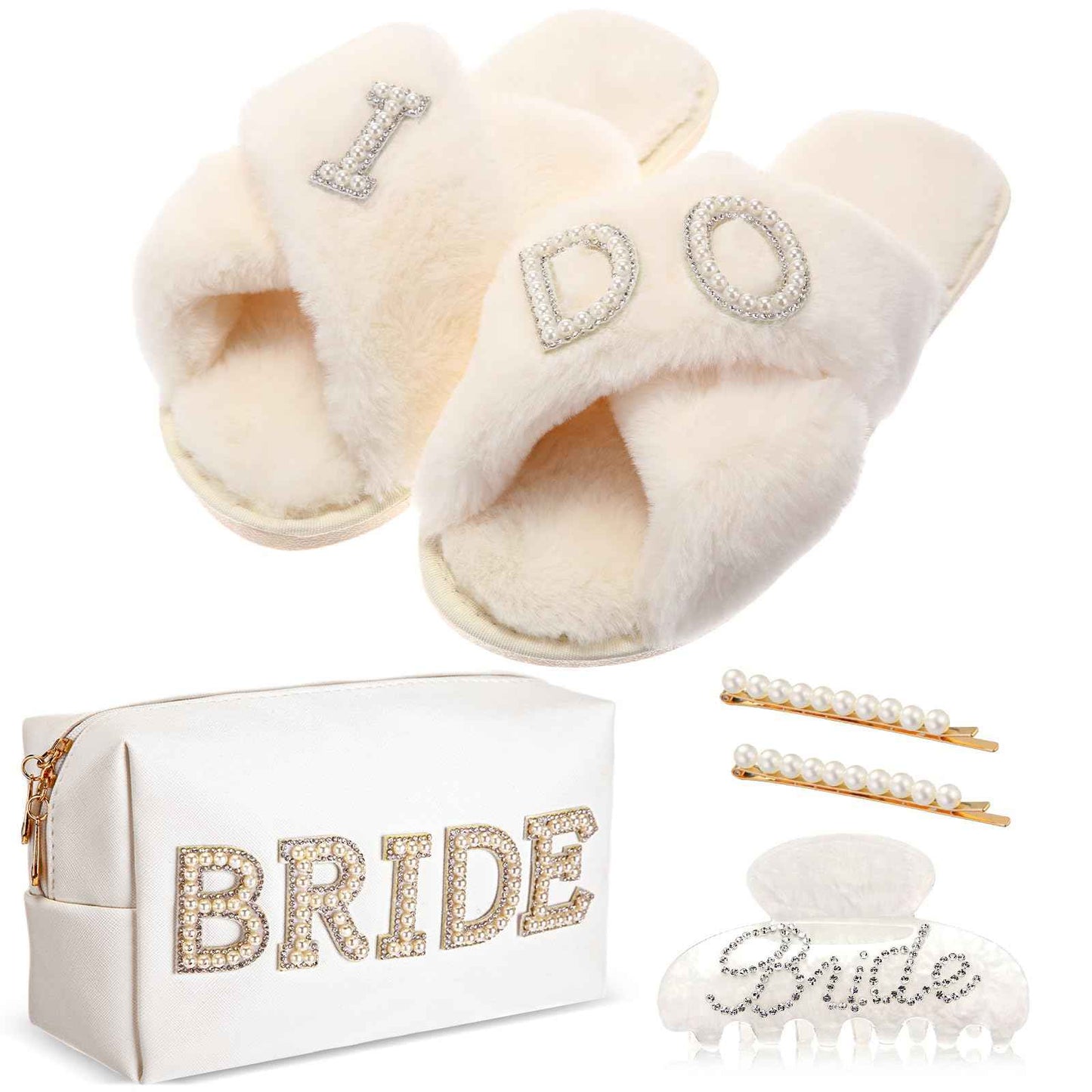 Shyyween 5 Pcs Bridal Gift Set Bride Makeup Bag I Do Bride Slippers Claw Hair Clip and Hairpins Accessories Wedding Engagement Gift Shower for Bridal Engagement Bachelorette Party