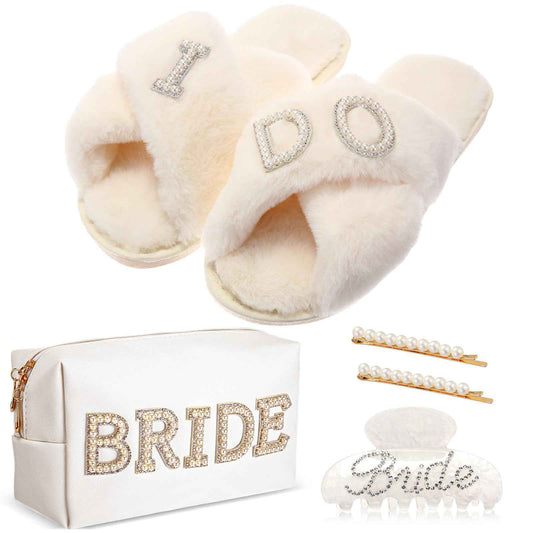 Shyyween 5 Pcs Bridal Gift Set Bride Makeup Bag I Do Bride Slippers Claw Hair Clip and Hairpins Accessories Wedding Engagement Gift Shower for Bridal Engagement Bachelorette Party