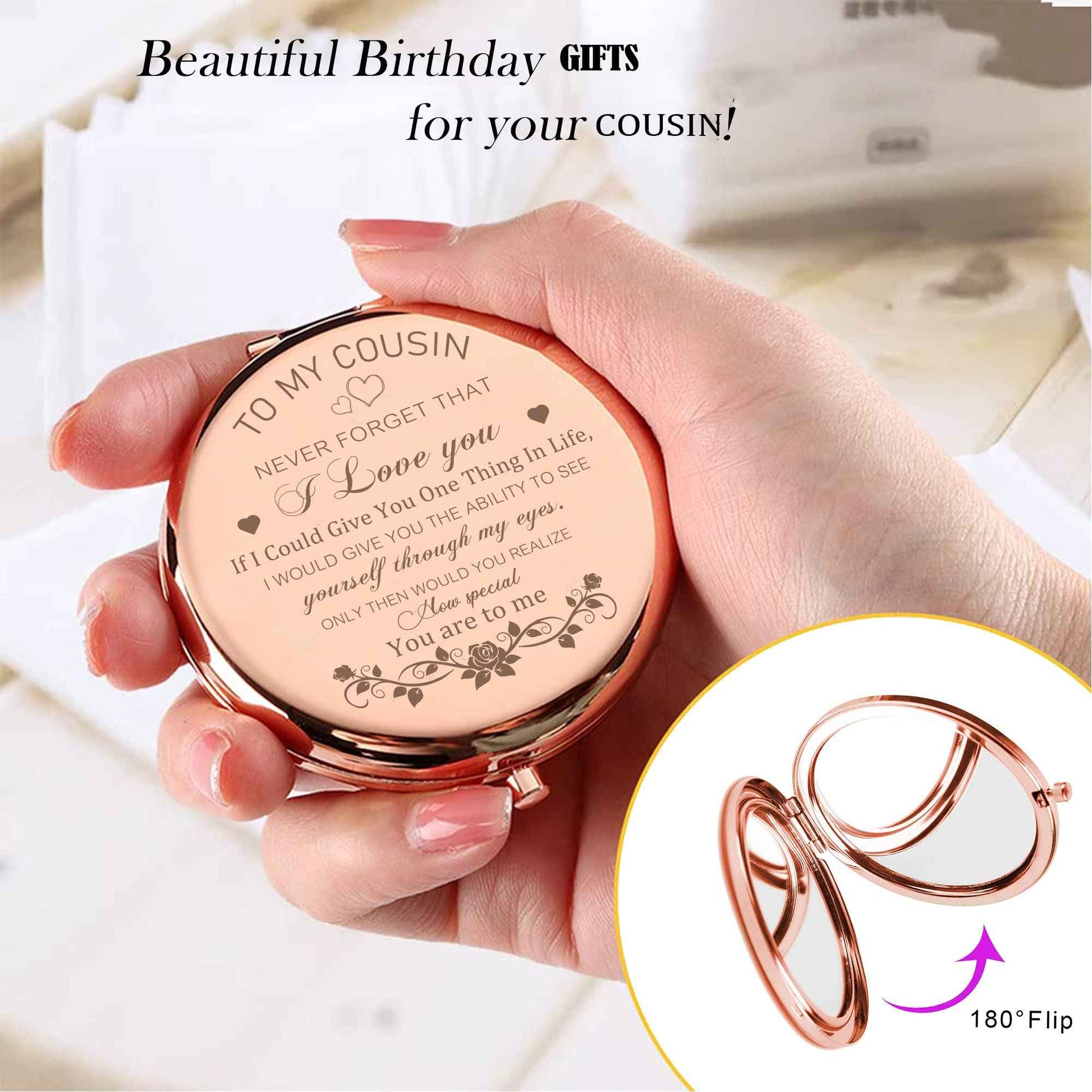 GAOLZIUY Cousin Gifts for Women Cousin Birthday Gifts Rose Gold Compact Mirror Gifts for Cousin Sister Birthday Christmas Graduation Gifts for Best Cousin Pocket Makeup Mirror