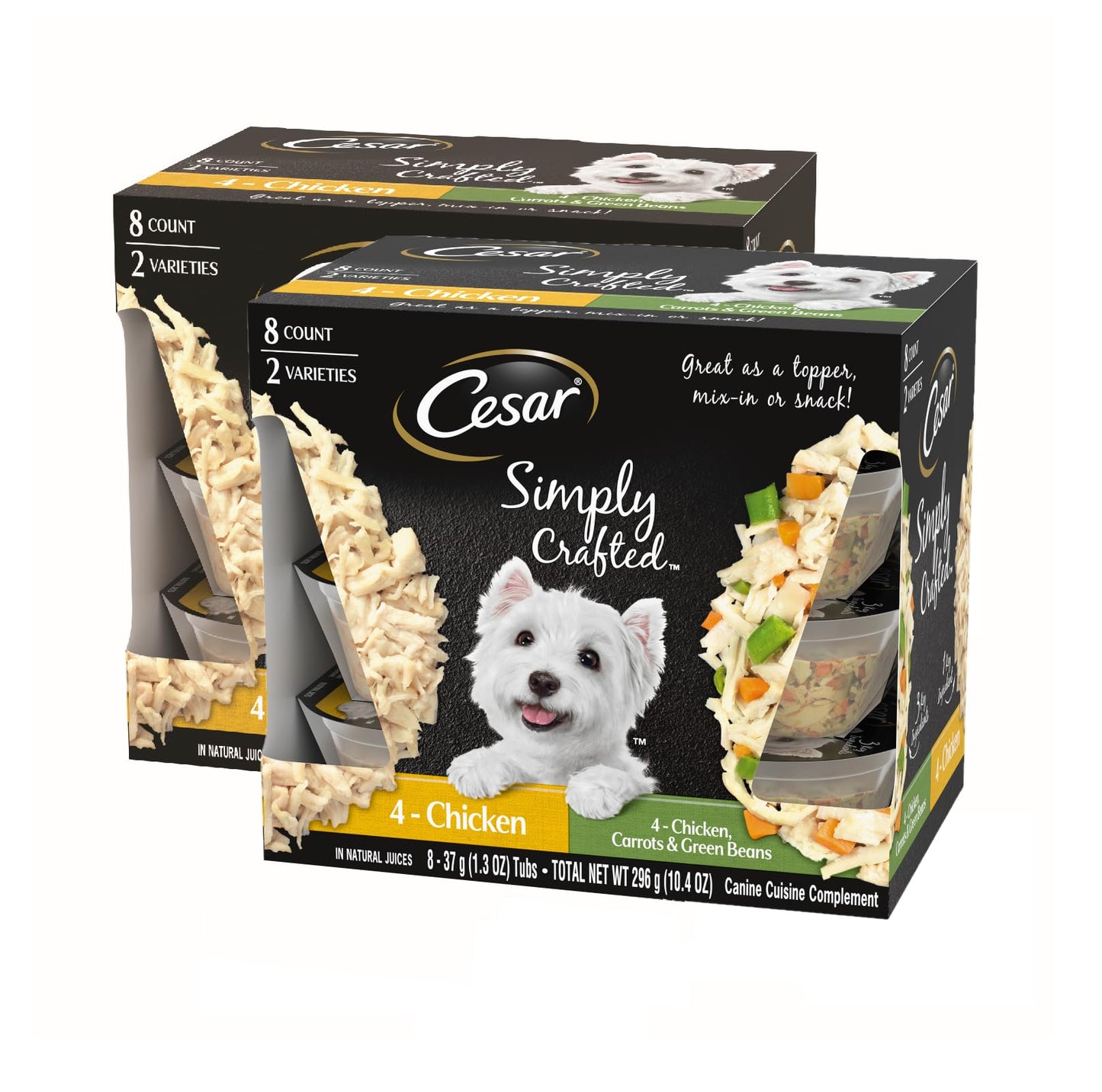 CESAR Simply Crafted Adult Wet Dog Food Meal Topper, Chicken and Chicken, Carrots & Green Beans Variety Pack, 1.3oz., Pack of 8