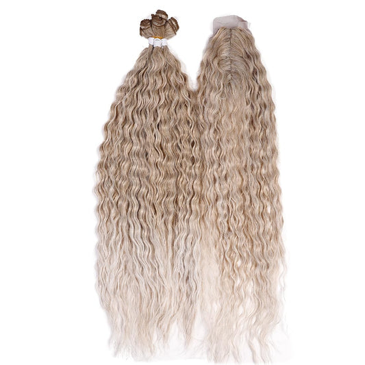 NOBLE star Hair 30" Water Wave Bundles with Closure Synthetic Hair Weft and Wavy 6 Bundles with Closure Curly Weave Bundles with Closure Ombre Blonde Color T16A/56C# Color Extensions