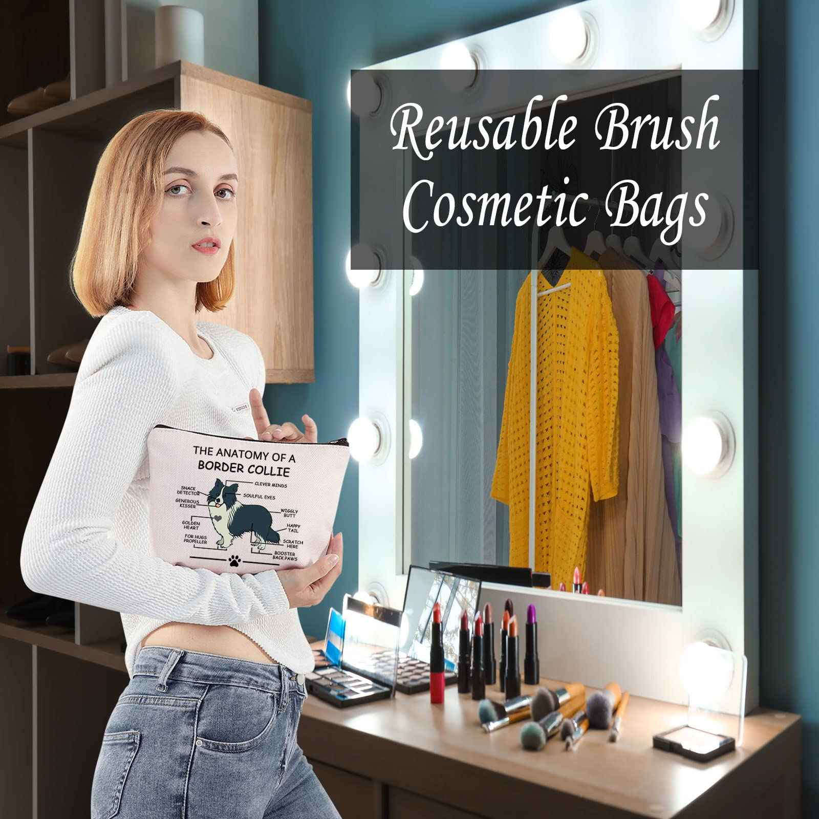 LEVLO Border Collie Lovers Cosmetic Bag - Travel Toiletry Bag - Makeup Pouch - Adult Unisex - Cartoon Pattern - Zipper Closure