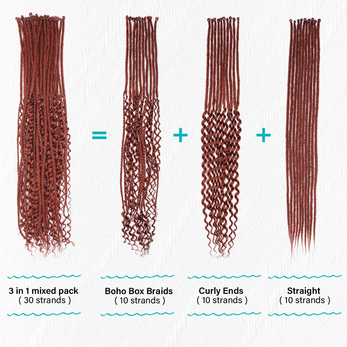 Quiduis 30 Inch 30 Strands SE Dreadlock Extensions,3 In 1 Mixed Synthetic Dreads Extensions,Maroon Red Curly&Straight&Boho Single Ended Dreads Extensions Hippie Style Dreadlock for Women…