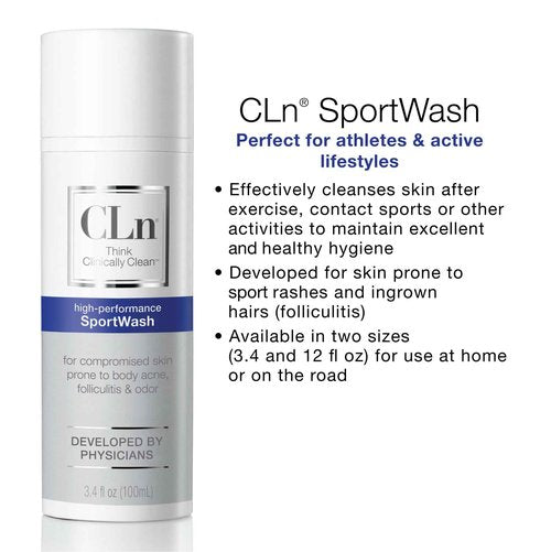 CLn® SportWash – High-Performance Sport Body Wash, For Men & Women Prone to Body Odor, Foot Odor, Ringworm, Folliculitis, & Back Acne, Fragrance-Free & Paraben-Free, 3.4 fl. oz.